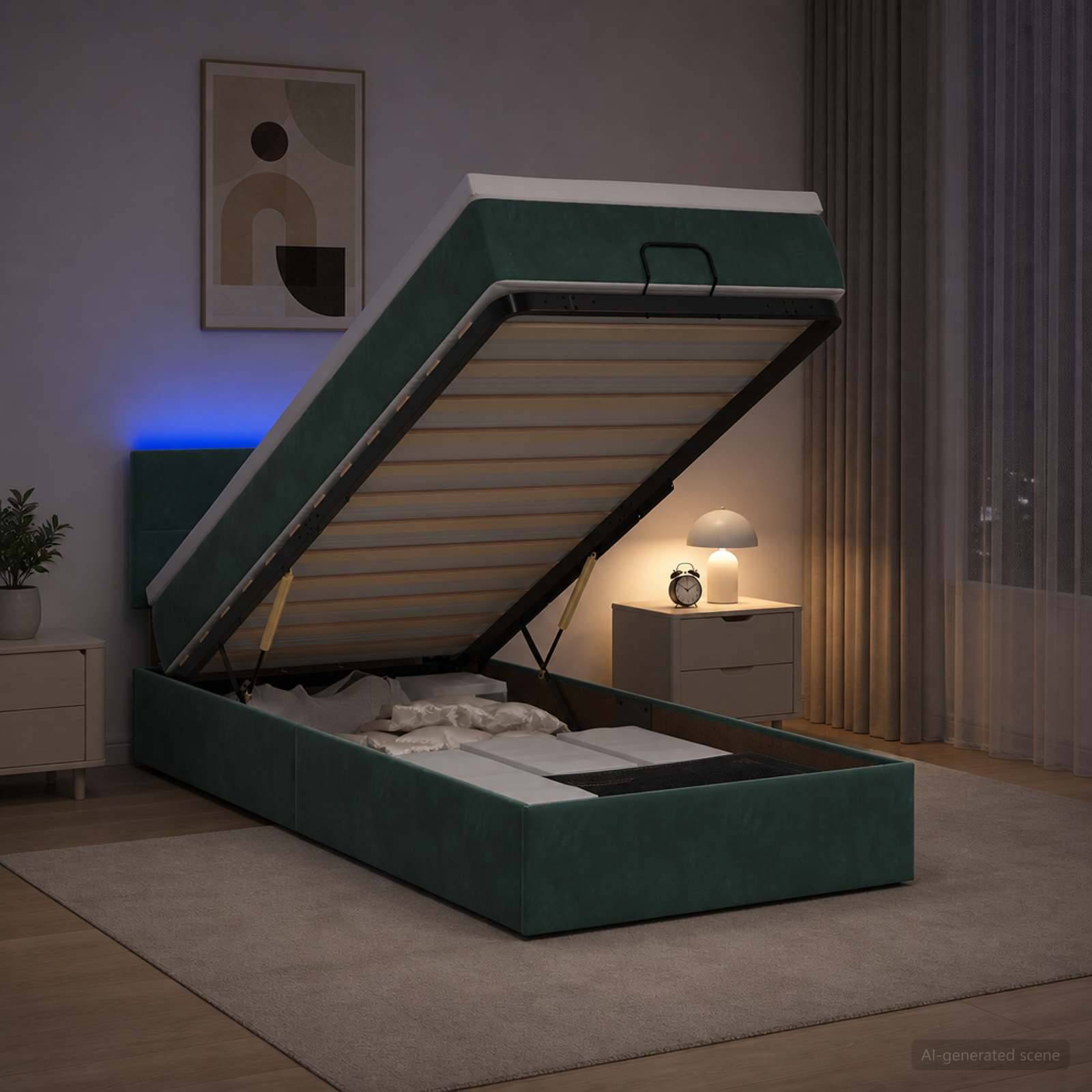 Modernes grünes Hochklapp-Bett mit Stauraum in einem Schlafzimmer, das die angehobene Matratze zeigt, um den Stauraum unter dem Bett freizulegen.