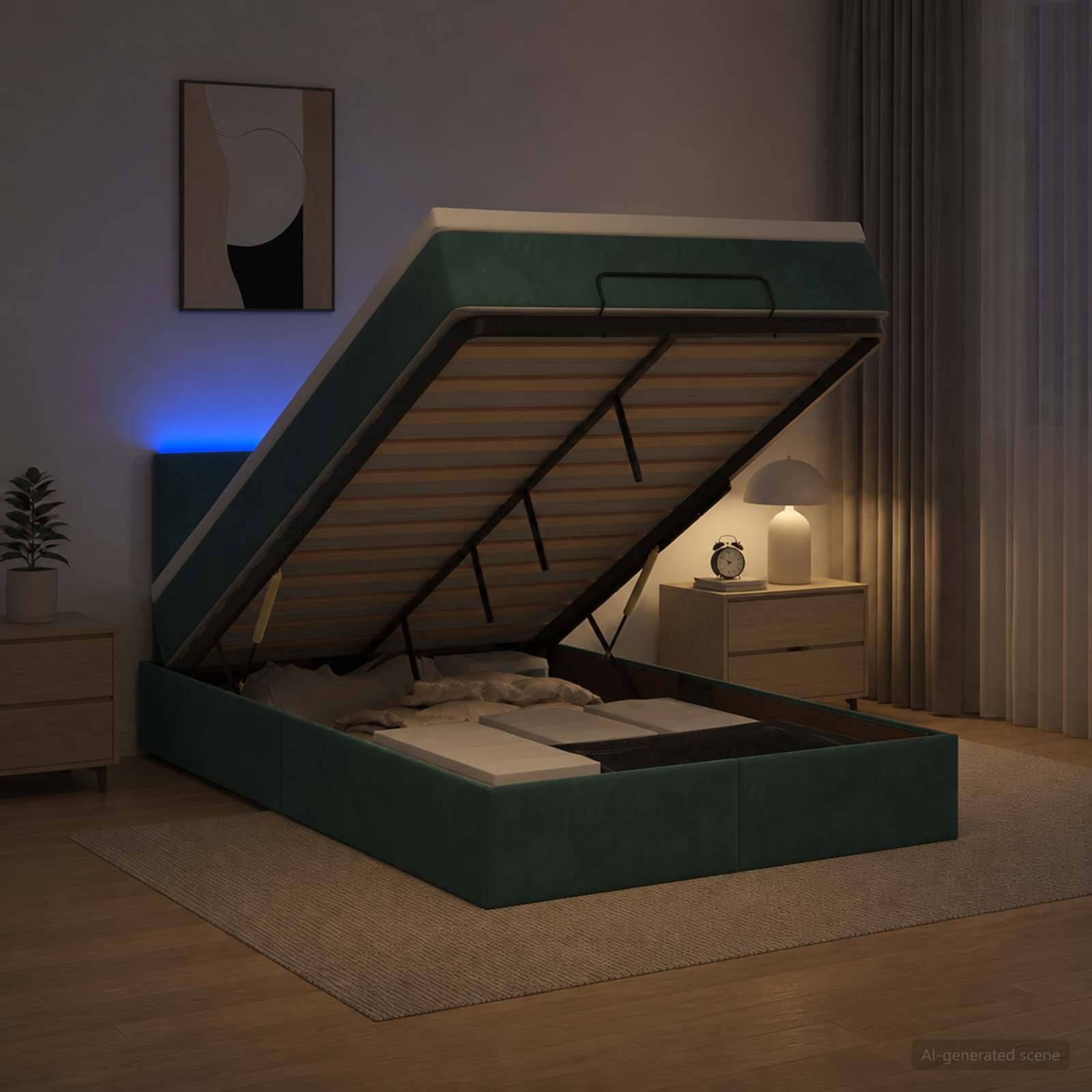 Tealbezogenes Bett mit Hubmechanismus und Stauraum mit freiliegender Matratze in einem schwach beleuchteten Schlafzimmer, das den Zugang zum Stauraum unter dem Bett zeigt.