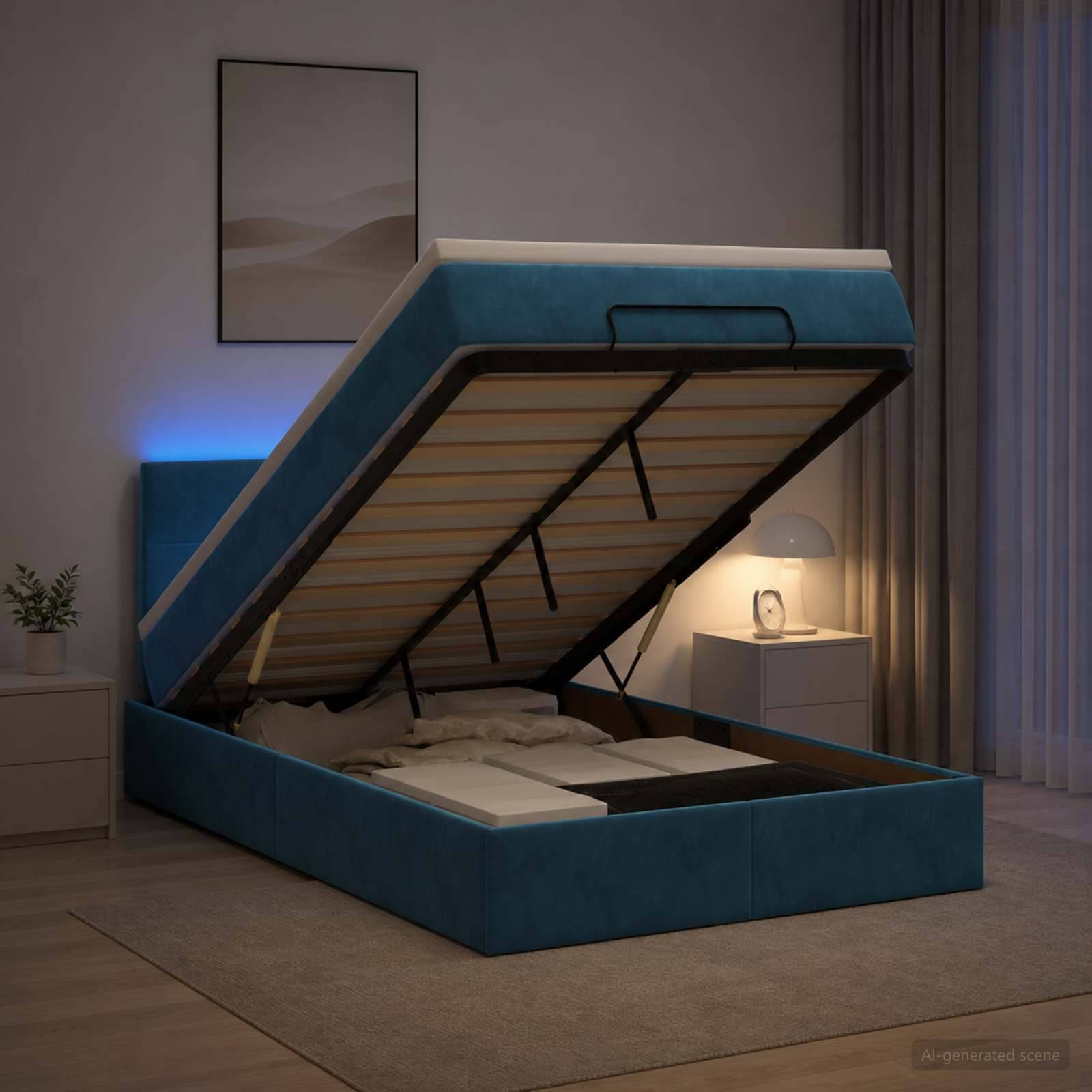 Blaues Polsterbett mit Gasdruckfeder-Matratzenplattform angehoben, das die Lattenrostbasis und versteckten Stauraum in einem modernen Schlafzimmer zeigt.