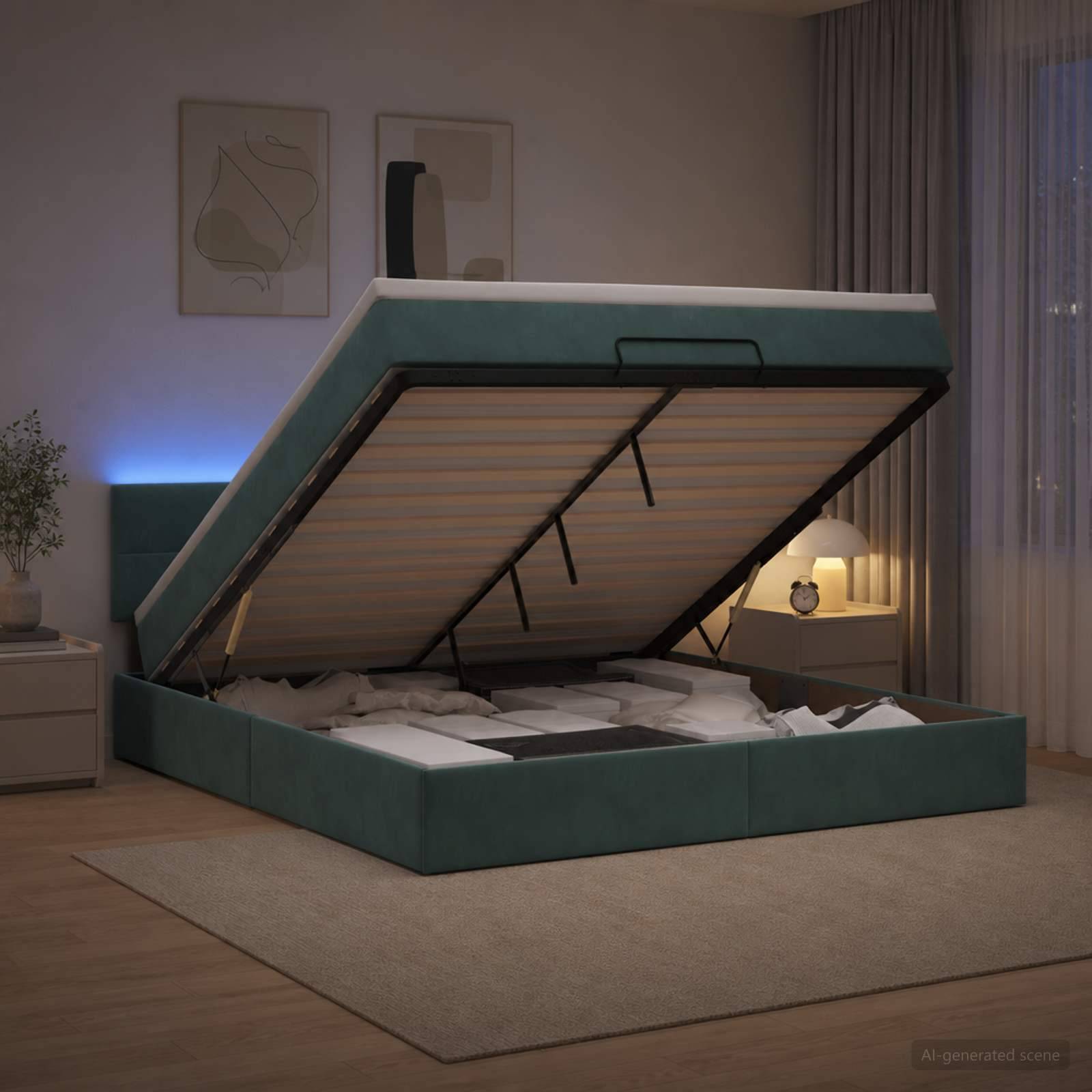 Modernes Bett mit Heberahmen in Blaugrün, mit erhobener Matratzenplattform, die den Stauraum unter dem Bett freilegt, in einem sanft beleuchteten Schlafzimmer.