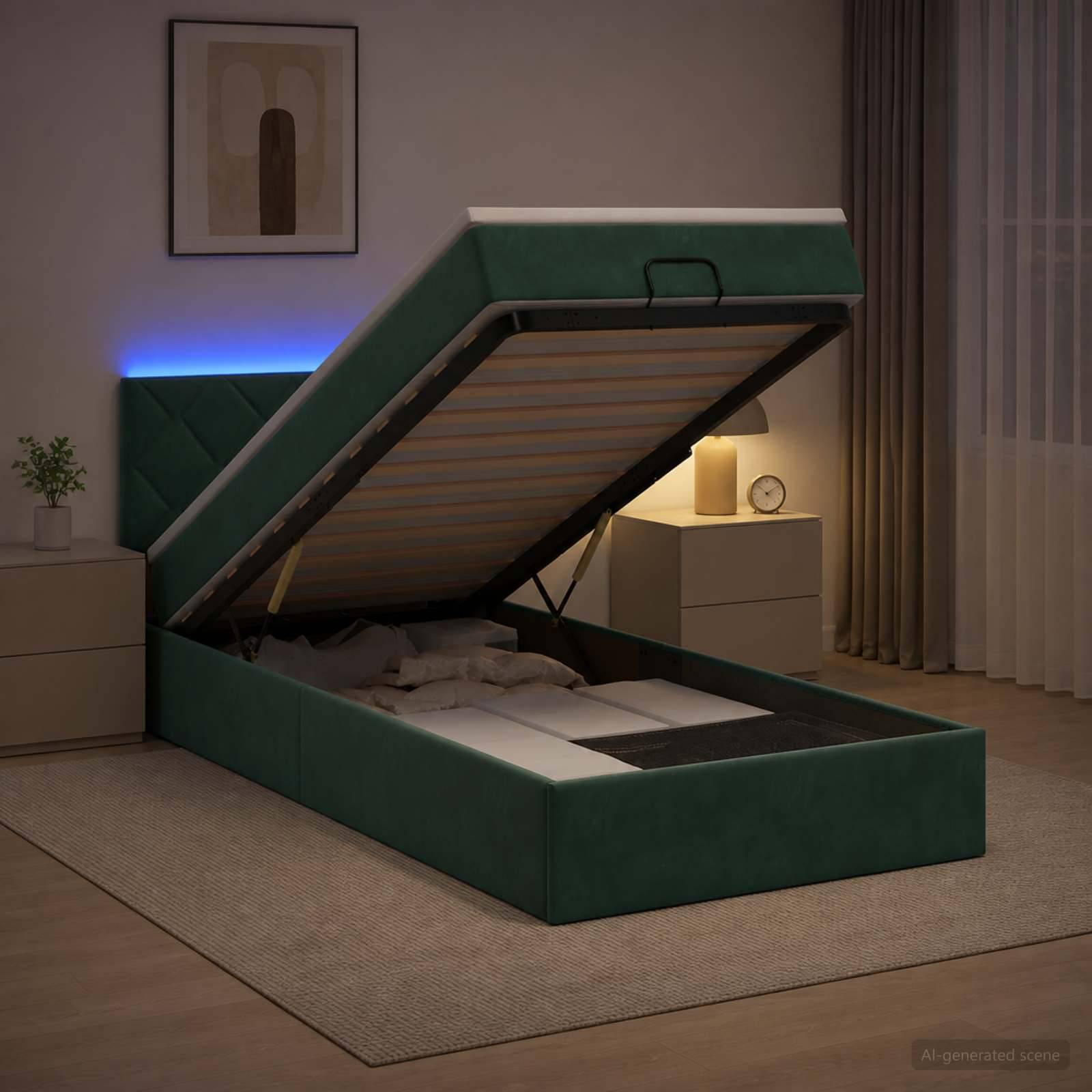 Grünes gepolstertes Ottomanbett mit Stauraum, offen hochgeklappt, zeigt die Matratzenunterlage in einem modernen Schlafzimmer nachts.