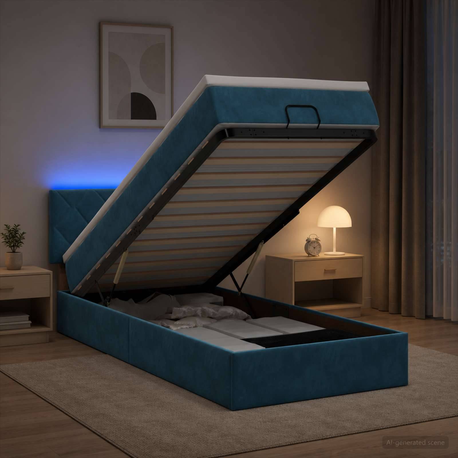 Blau gepolstertes Speicherbett mit auf einem hydraulischen Rahmen angehobenem Bett, das den Speicherplatz im Inneren in einem modernen Schlafzimmer zeigt.