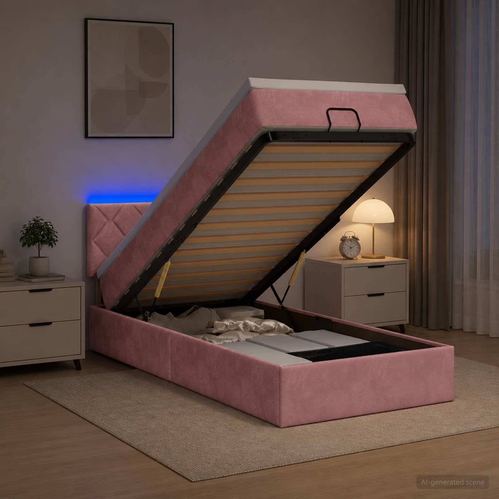 Rosa gepolstertes Speicherbett mit hochgehobenem Matratze, das die Lamellenbasis und den Stauraum in einem modernen Schlafzimmer offenbart.