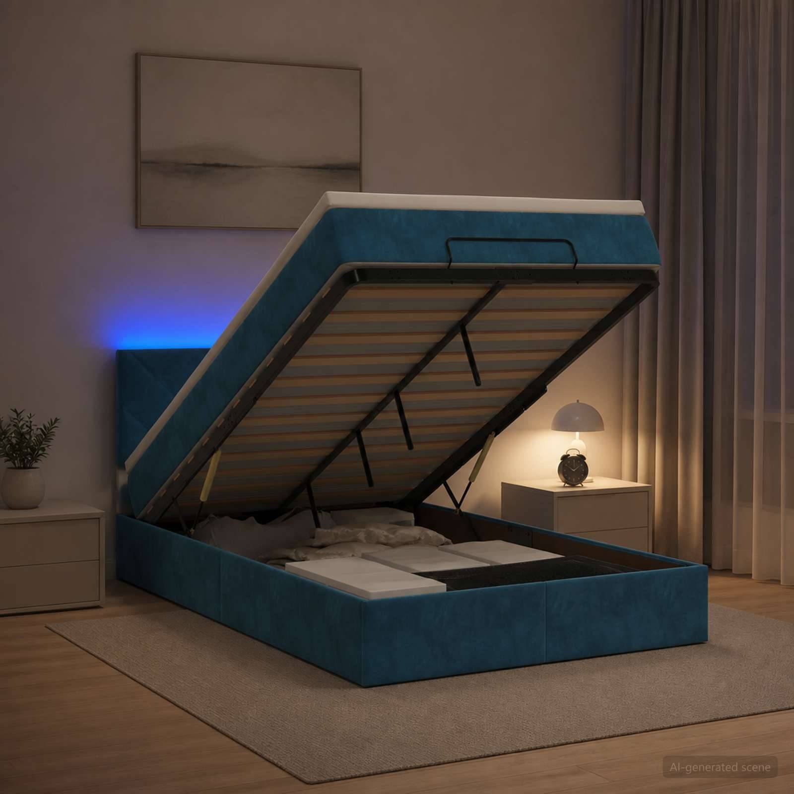 Blau gepolstertes Speicherbett mit angehobener Matratze, das das Unter-Bett-Fach in einem sanft beleuchteten Schlafzimmer zeigt
