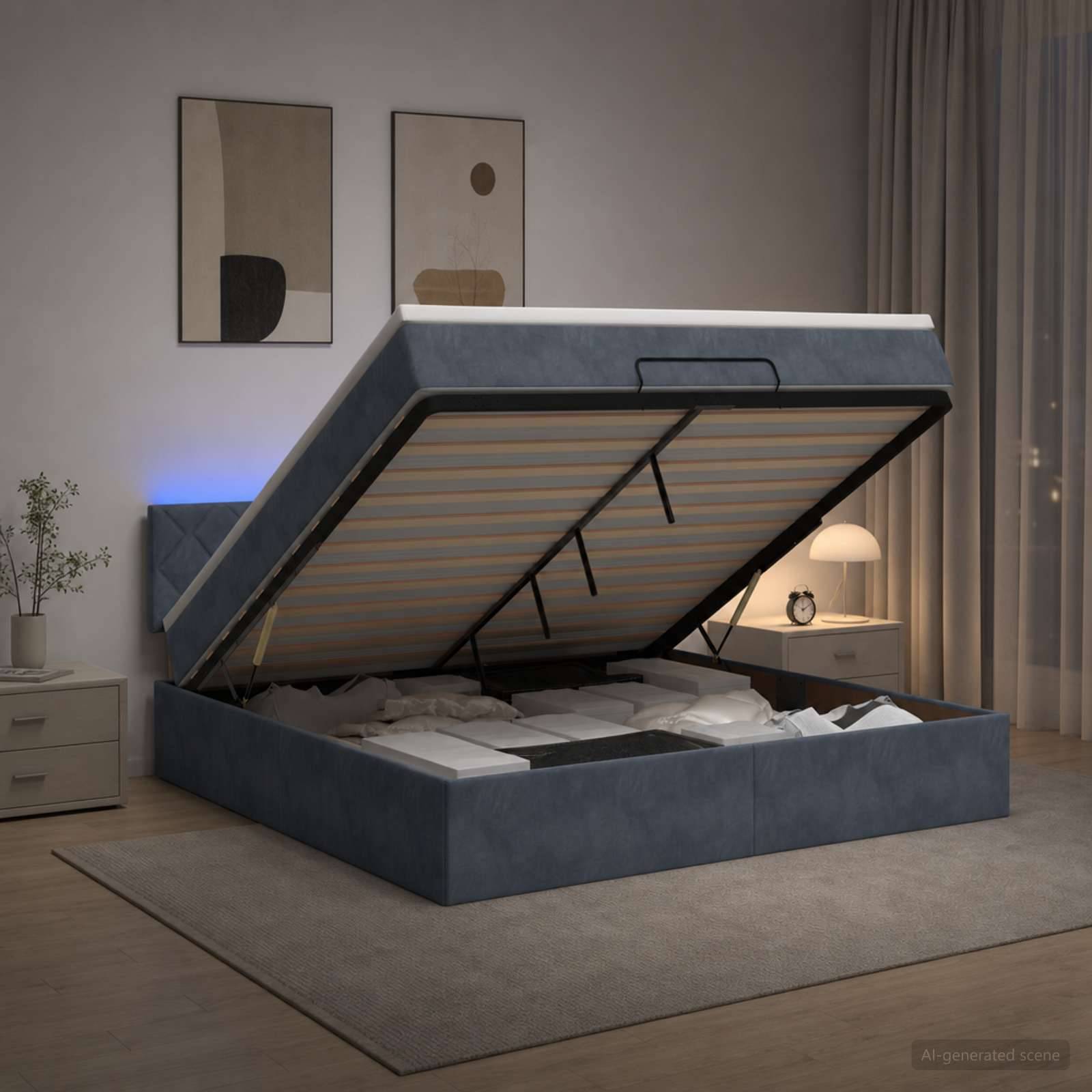 Modernes Bett mit blauem Polsterstoff und Stauraum, bei dem die Matratze an einem Scharnier angehoben ist und den Stauraum darunter in einem Schlafzimmer zeigt.