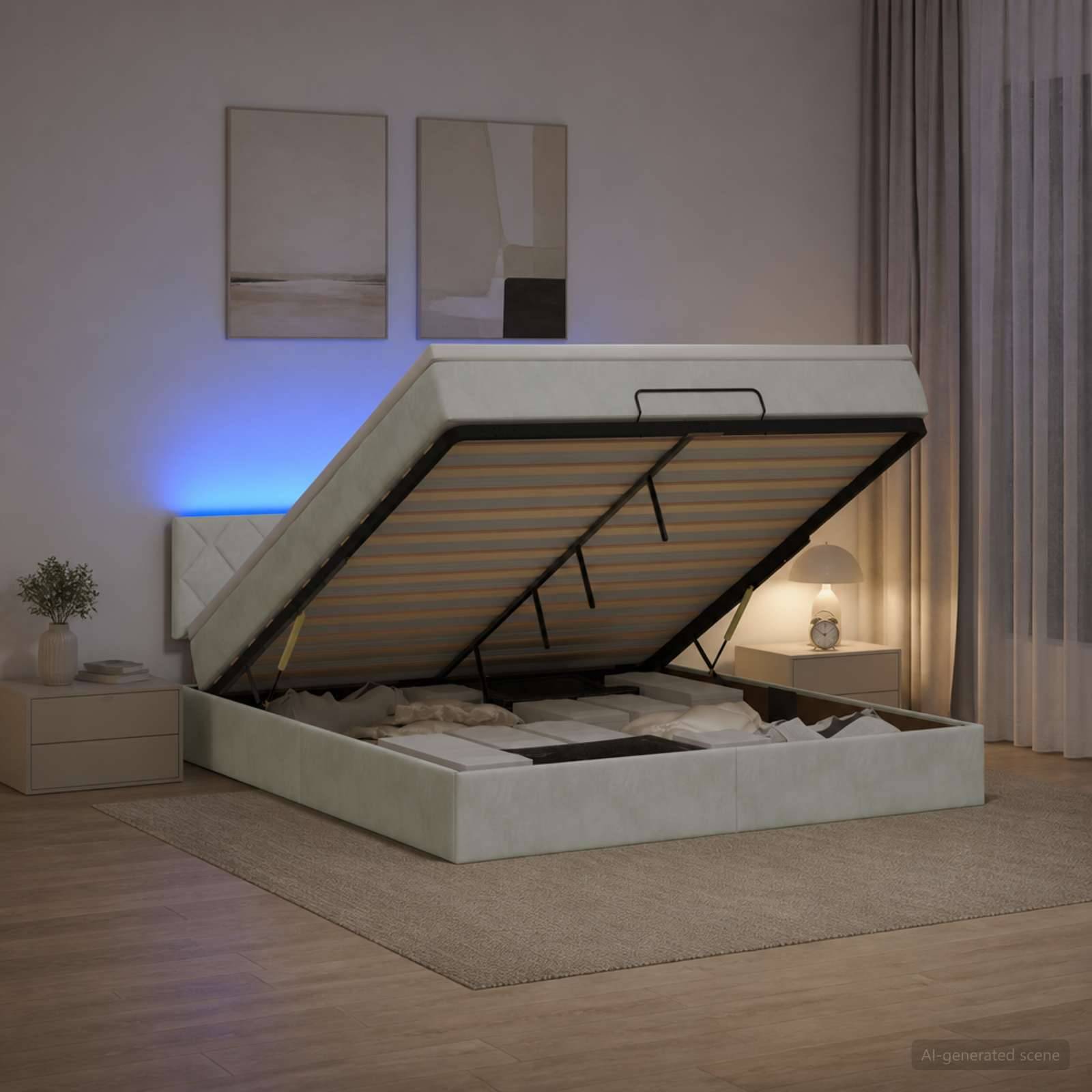 Modernes gepolstertes Speicherbett mit hochklappbarer Matratze, die ein Fach offenbart, in einem minimalistischen Schlafzimmer mit Nachttischlampe und blauem Akzentlicht.