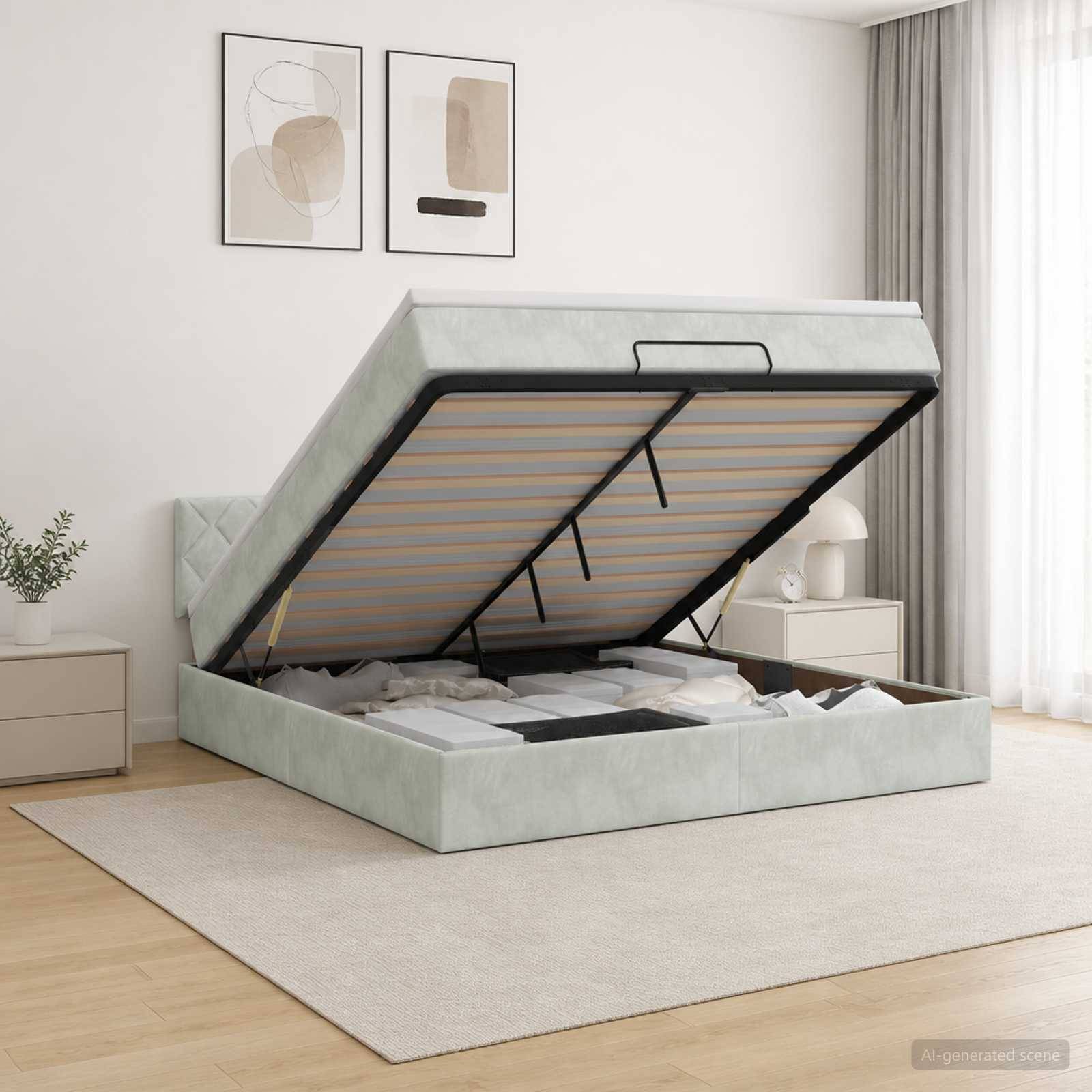 Gepolstertes Speicherbett mit hochgeklappter Matratze, das den Stauraum unter dem Bett in einem hellen, modernen Schlafzimmer offenbart.