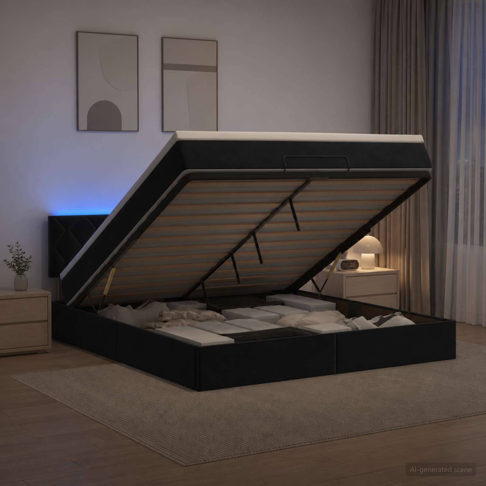 Modernes Schlafzimmer mit einem schwarzen Bett mit Hubmechanismus, das geöffnet ist und die Fächer unter der Matratze zeigt, neben einem Nachttisch und sanfter Beleuchtung.