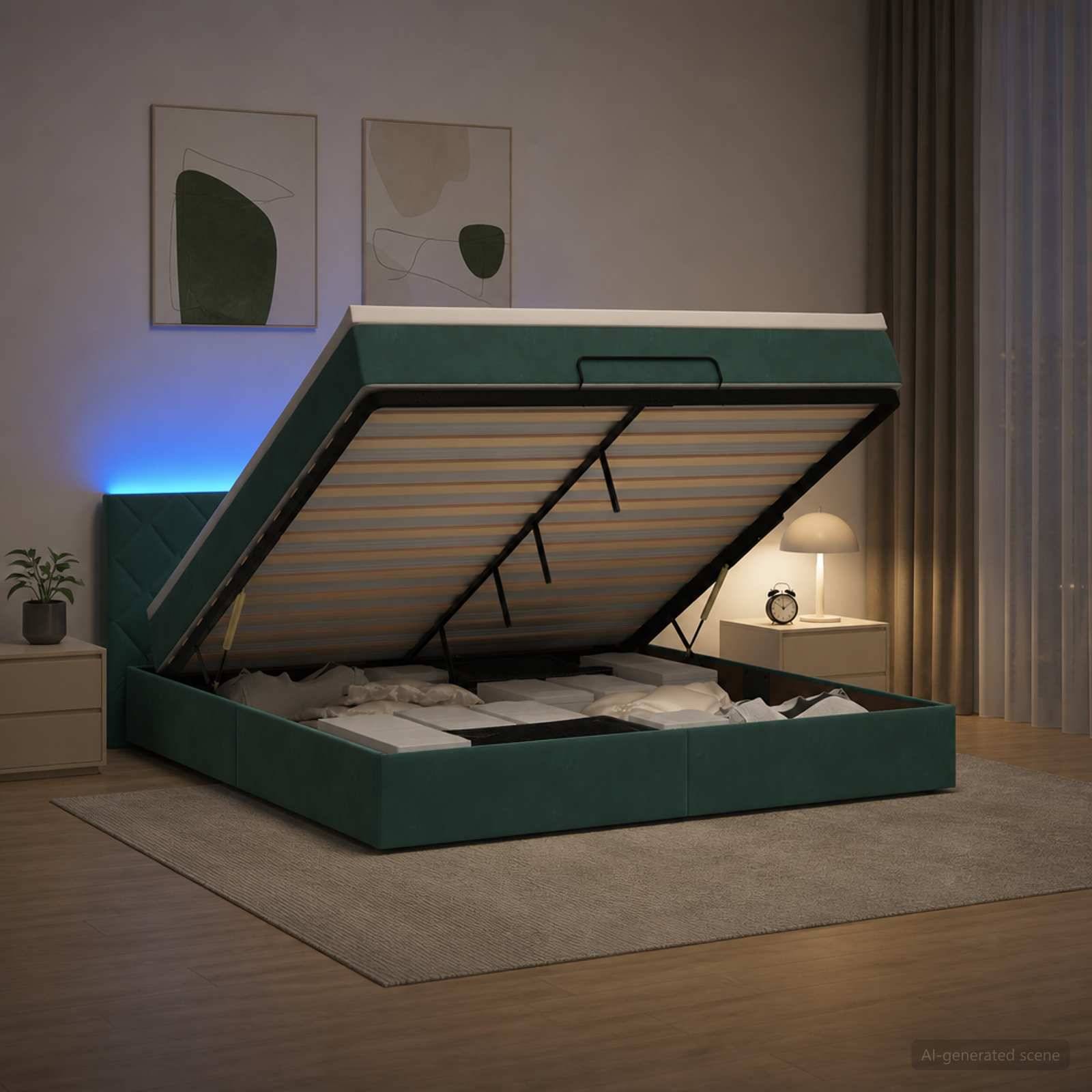 Modernes Bett mit Tealfarbigem Polsterbezug mit hydraulisch verstellbarer Hubbasis, die in einem Schlafzimmer offen steht und die darunter liegende Matratze und Bettwäsche freilegt.