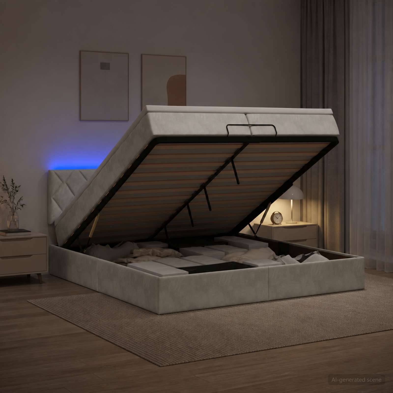 Gepolstertes Speicherbett mit aufgehobener Matratze, die die lattenförmige Unterseite und den Stauraum in einem modernen Schlafzimmer in der Nacht offenbaren.