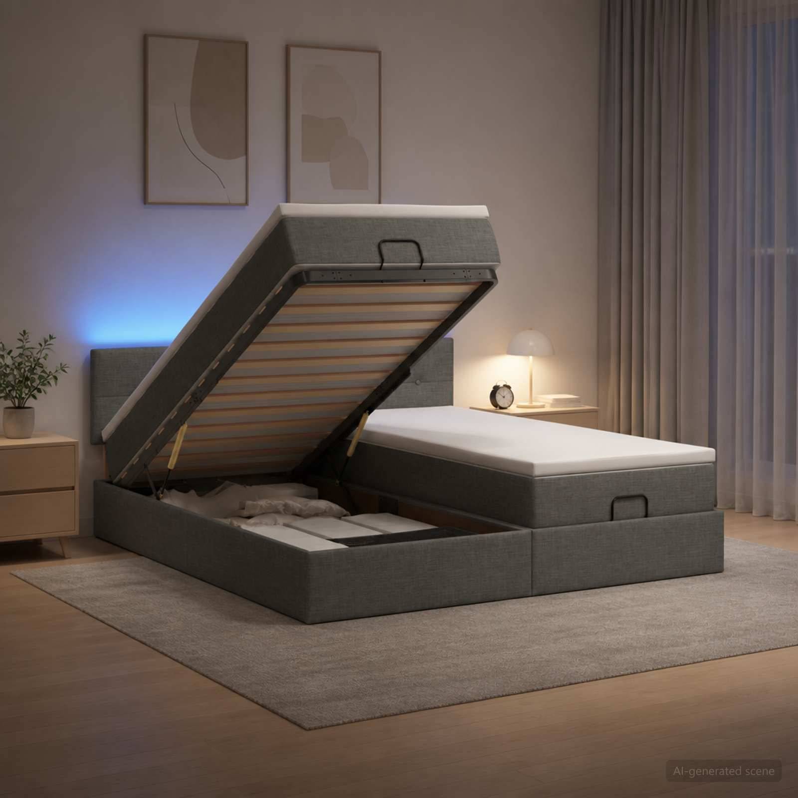 Modernes gepolstertes Bett mit Stauraum und hochgeklappter Matratze, das den Stauraum unter dem Bett in einem sanft beleuchteten Schlafzimmer zeigt.