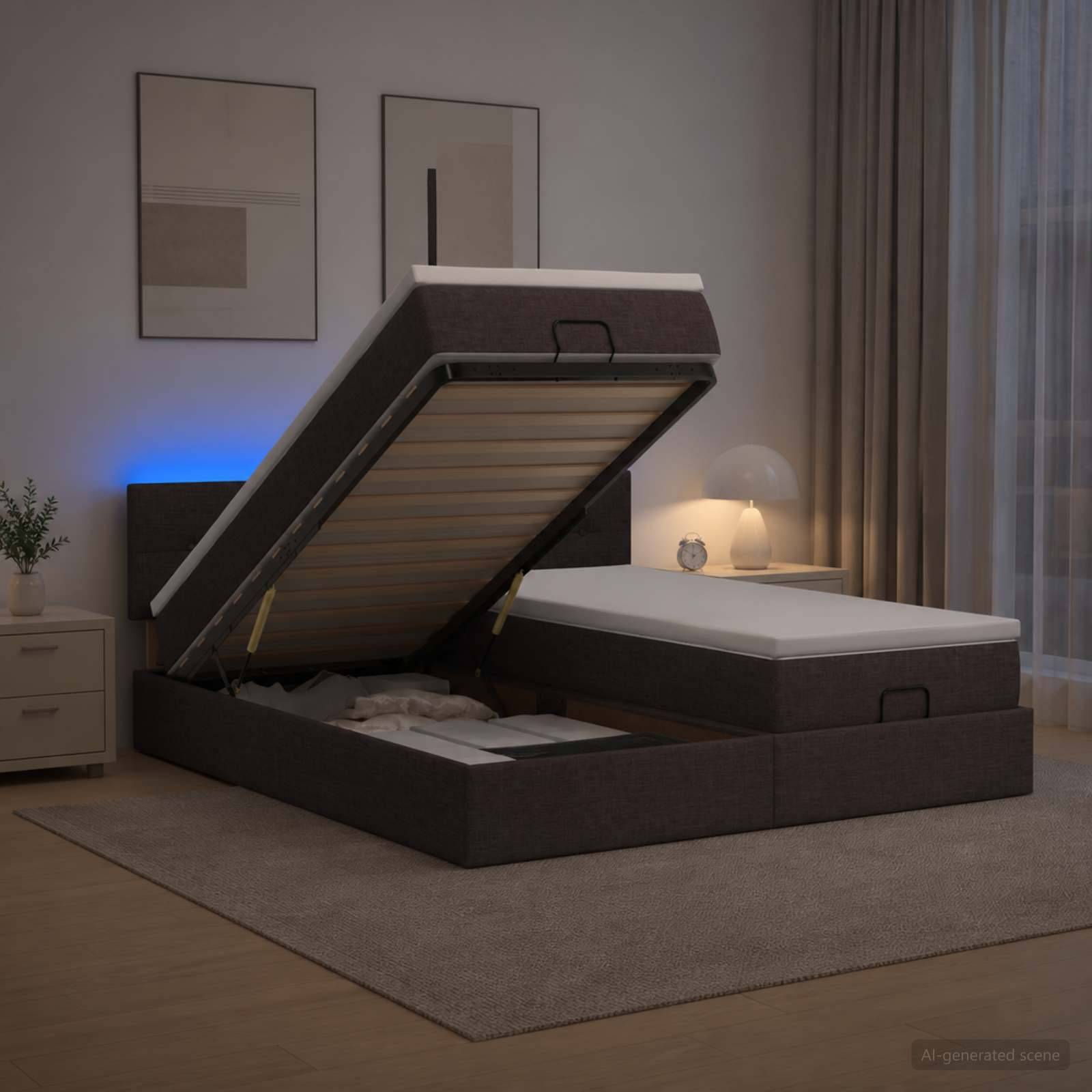 Ein Schlafzimmer mit einem verstellbaren Speicherbett, das offen angehoben ist und die Lamellenbasis sowie das verborgene Fach zeigt, neben einem nicht angehobenen Matratzenteil und einer Nachttischlampe.