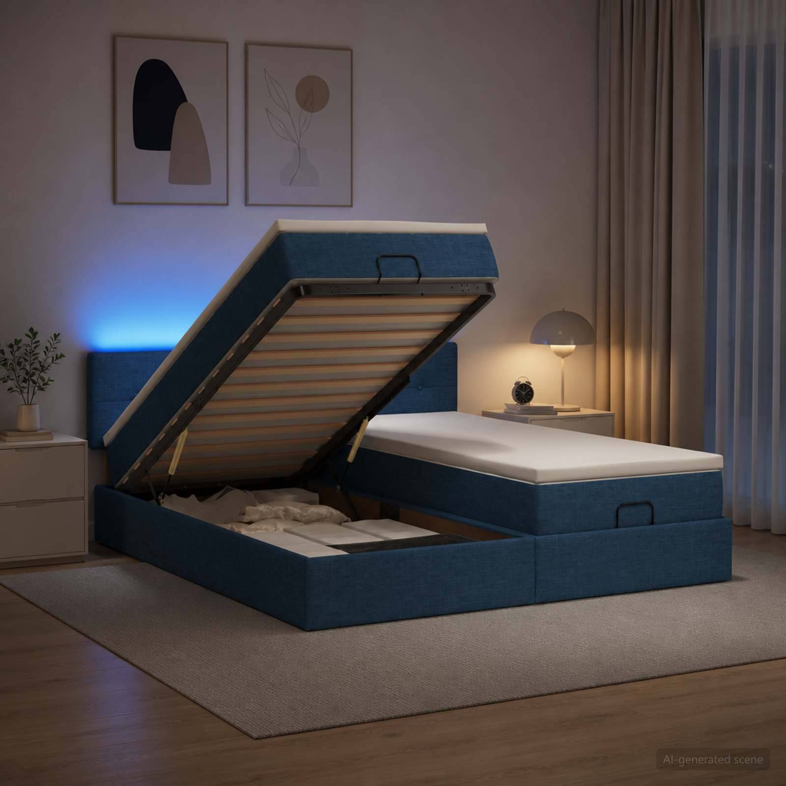 Blau gepolstertes Speicherbett mit hochgeklappter Matratzenunterlage offen, das Unterrettungslagerung in einem modernen Schlafzimmer in der Nacht zeigt.