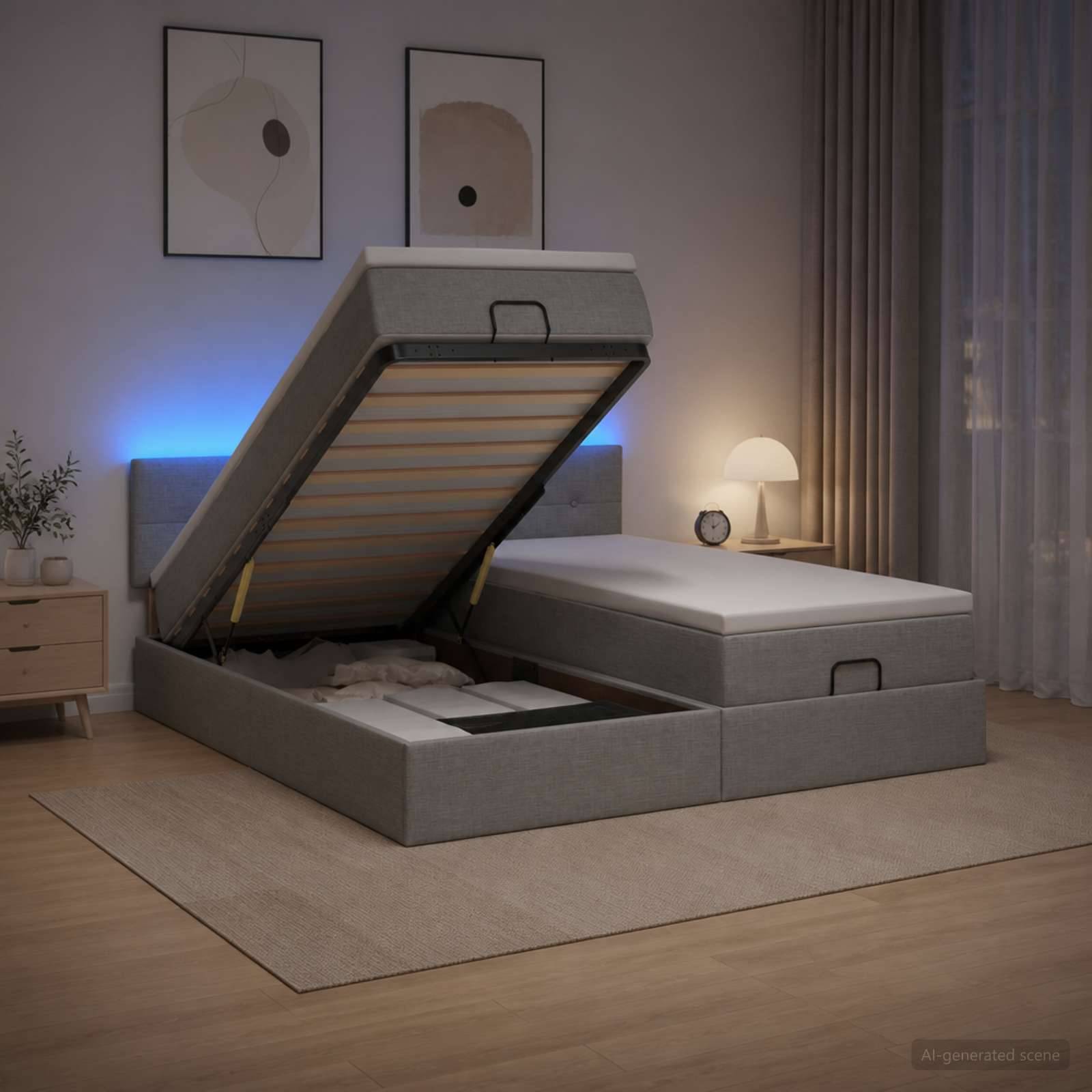 Modernes Schlafzimmer mit einem gepolsterten Bettkasten, bei dem die Matratze angehoben ist und das Unter-Bett-Fach sichtbar wird.