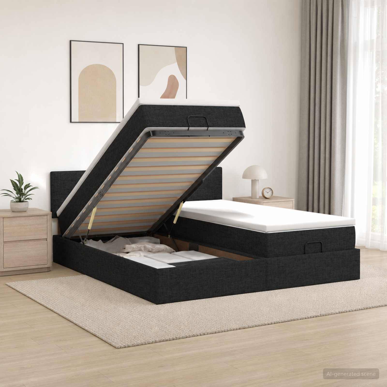Schwarzes gepolstertes Bett mit aufgeklappter Stauraumbasis offen, die die Unterseite der Matratze und ein verstecktes Fach in einem modernen Schlafzimmer zeigt.