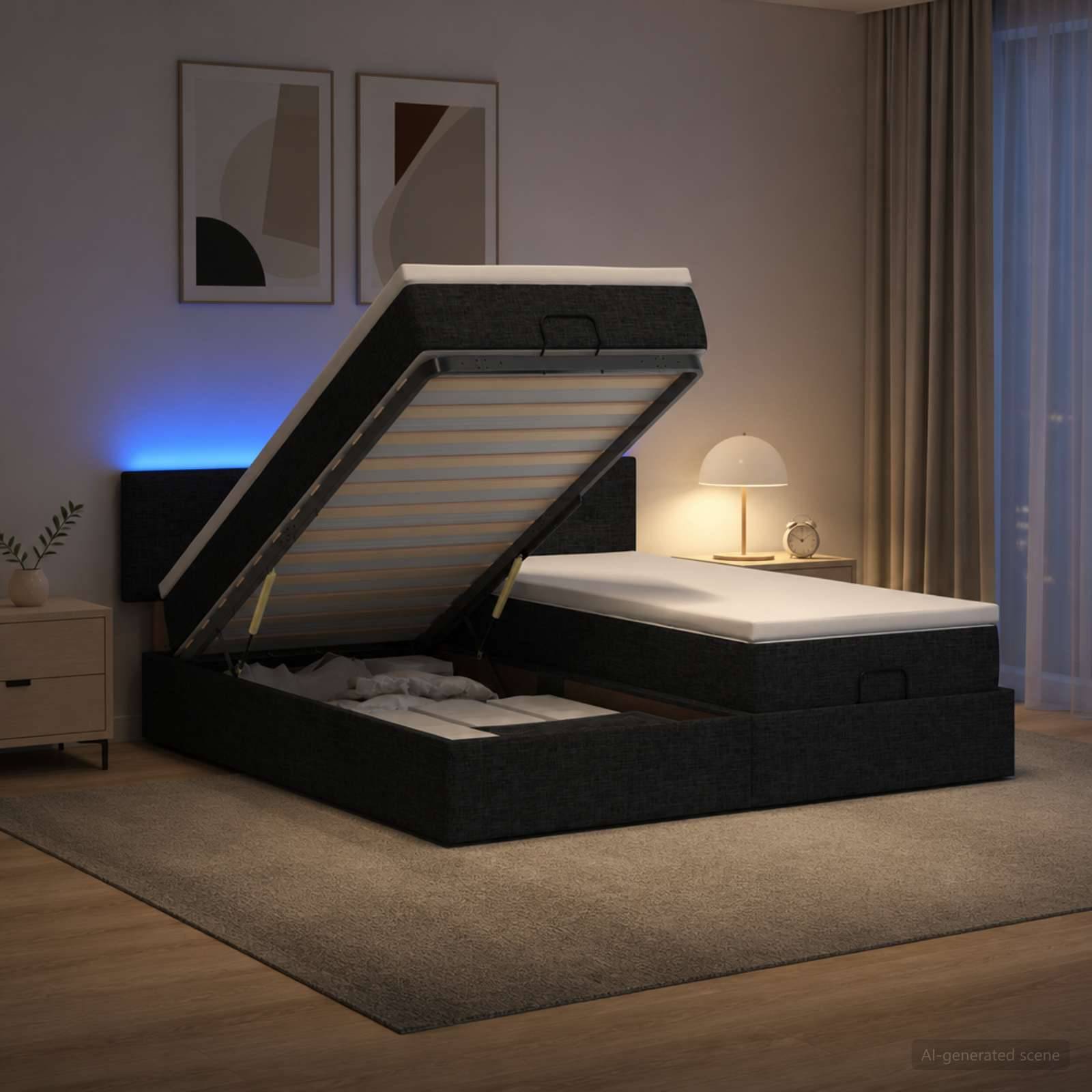 Modernes Schlafzimmer mit einem gepolsterten Stauraumbett, das geöffnet ist und die Matratzenunterlage sowie den inneren Stauraum zeigt, mit einer Lampe und weichem blauen Akzentlicht im Hintergrund.