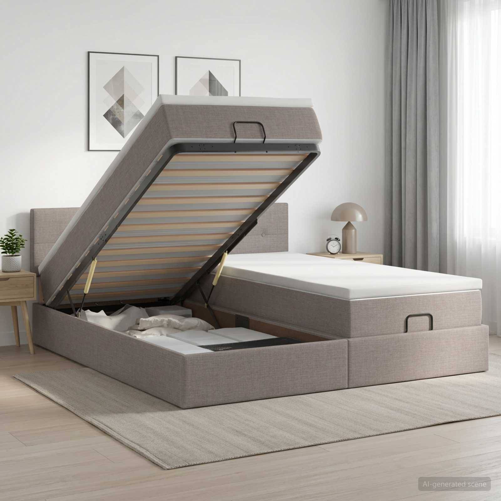 Gepolstertes Speicherbett mit angehobenem Matratze, um das Unter-Bett-Fach zu zeigen.