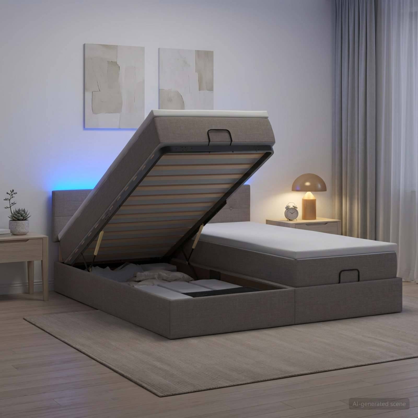 Modernes Schlafzimmer mit einem gepolsterten Hydraulikbett, das geöffnet ist und die Matratzenunterlage und den Stauraum unter dem Bett neben Nachttischen und Lampen zeigt.