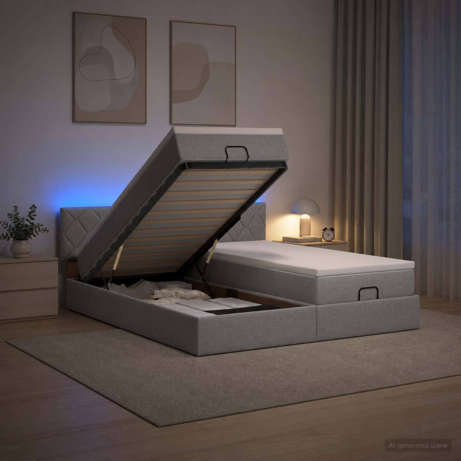 Modernes gepolstertes Speicherbett mit angehobenem Matratzen zum Offenlegen des Unterbett-Stauraums, gezeigt in einem sanft beleuchteten Schlafzimmer mit Nachttischlampe und Teppich.