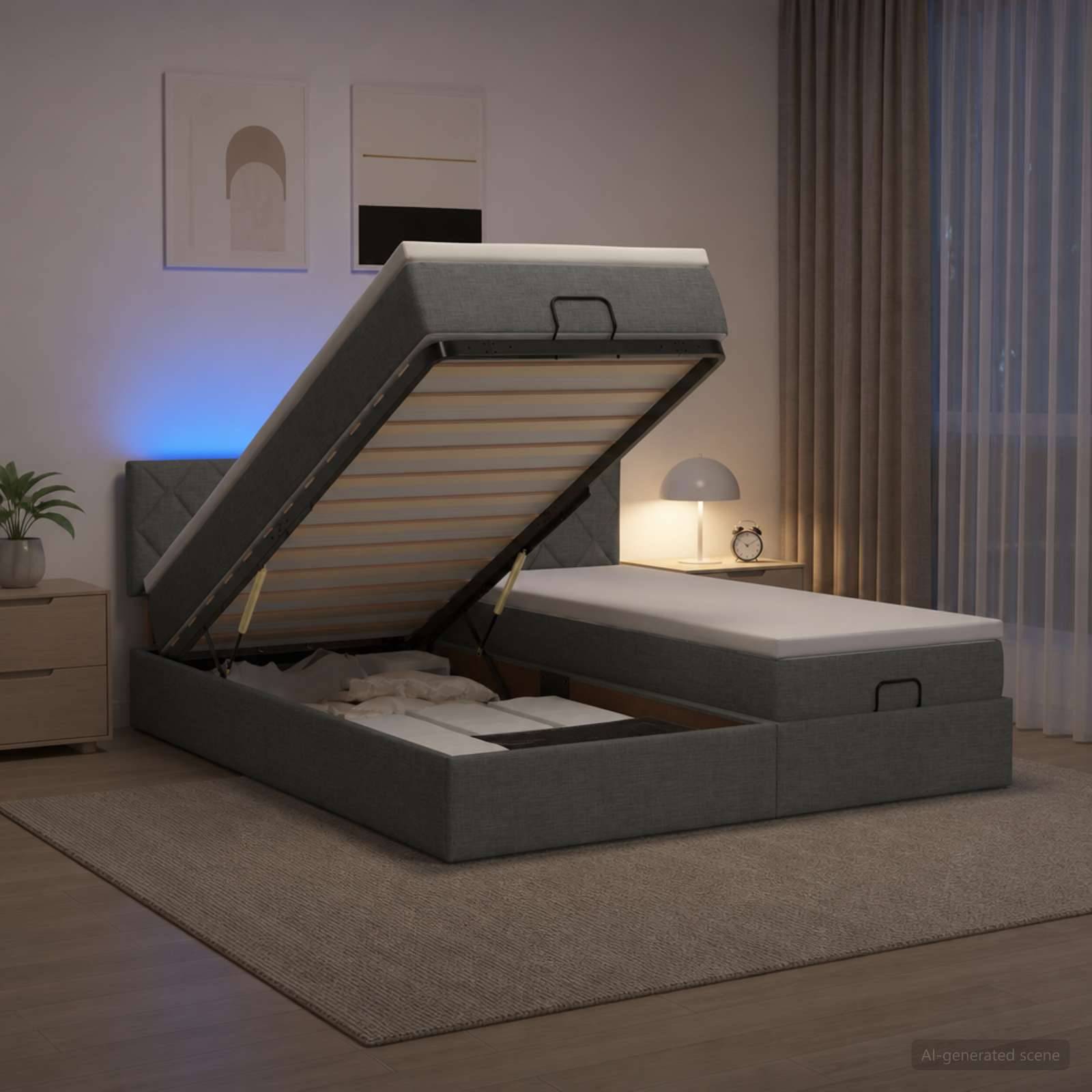 Ein grau gepolstertes Ottomane-Bett in einem Schlafzimmer, hochgeklappt, um Stauraum-Fächer und eine darunter liegende Matratze freizulegen.