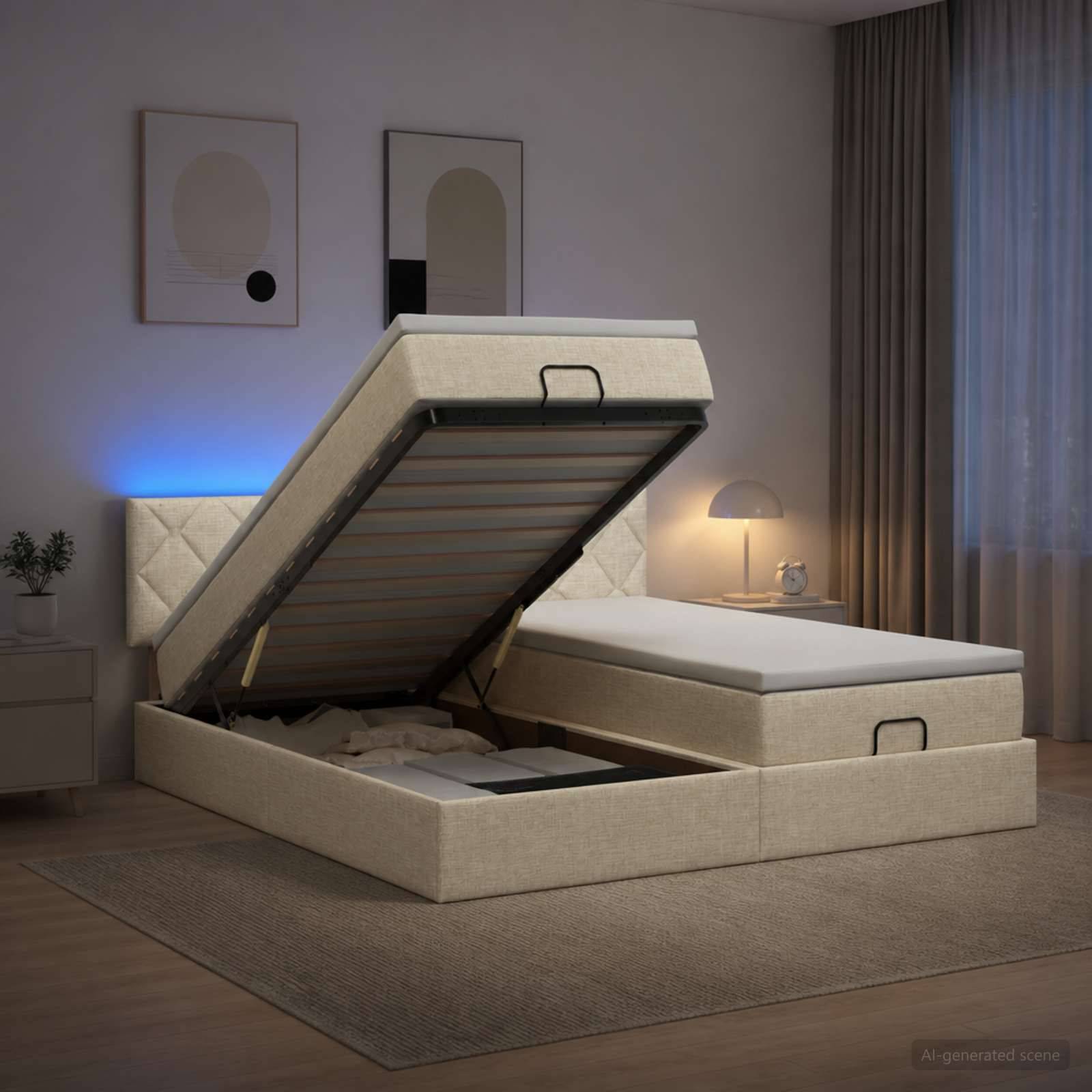 Gepolstertes Speicherbett mit Matratze, die auf einem Scharnier-Rahmen angehoben ist und den Stauraum unter dem Bett in einem modernen Schlafzimmer offenbart.