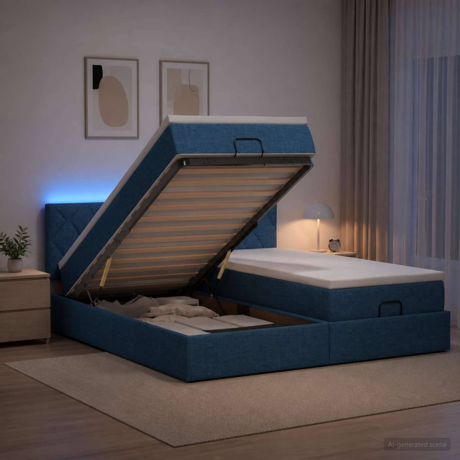 Blaugepolstertes Speicherbett in einem Schlafzimmer, geöffnet, um die Lamellenbasis und das Unter-Bett-Fach zu zeigen.