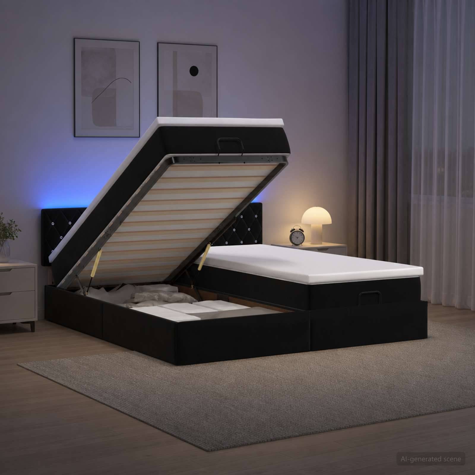 Modernes Polsterbett mit angehobener linker Seite, das Unter-Bett-Speicherkompartimente in einem sanft beleuchteten Schlafzimmer offenbart.