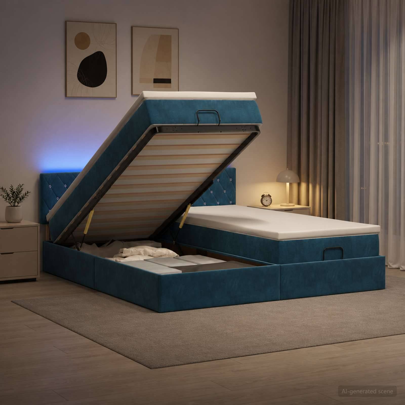 Blaues gepolstertes Stauraumbett mit der linken Seite angehoben und geöffnet, das den Stauraum unter dem Bett zeigt; modernes Schlafzimmer mit Lampe, Teppich und Wandkunst.
