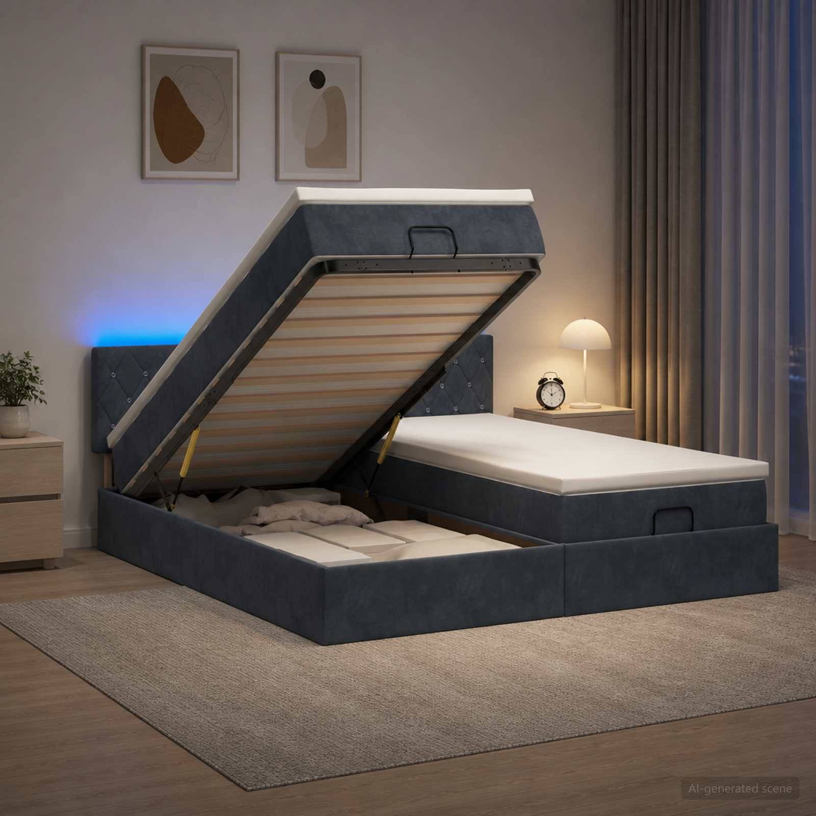 Modernes Schlafzimmer mit einem blau gepolsterten Bett mit Hubmechanismus, bei dem die Matratze angehoben ist und ein großes Stauraum-Fach unter dem Bett sichtbar wird.