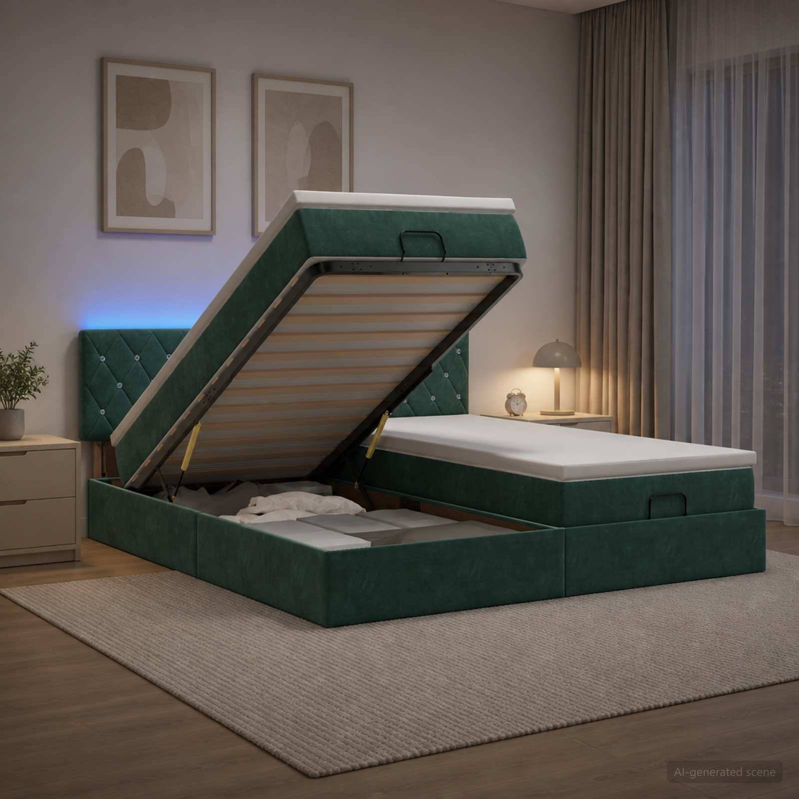 Grünes gepolstertes Speicherbett mit der angehobenen Matratzenplattform, die den Speicherplatz in einem modernen Schlafzimmer offenbart.