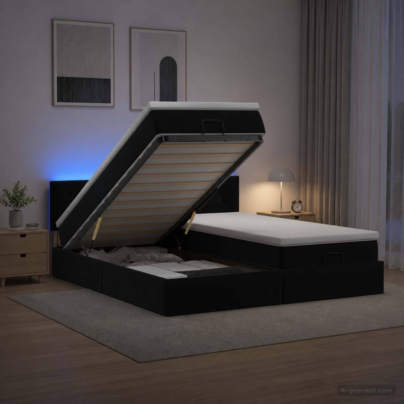 Modernes Schlafzimmer mit einem schwarzen Bettgestell mit Hubmechanismus, das angehoben ist, um die Matratzenunterstützung und die Schubladen unter dem Bett zu zeigen, neben einem Nachttisch und einer Lampe.