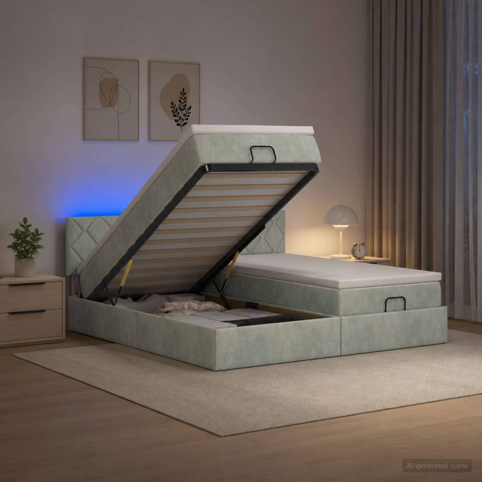 Modernes gepolstertes Bett mit Speicherbasis, die auf einer Gasfeder angehoben ist und das Unter-Bett-Fach in einem Schlafzimmer zeigt.