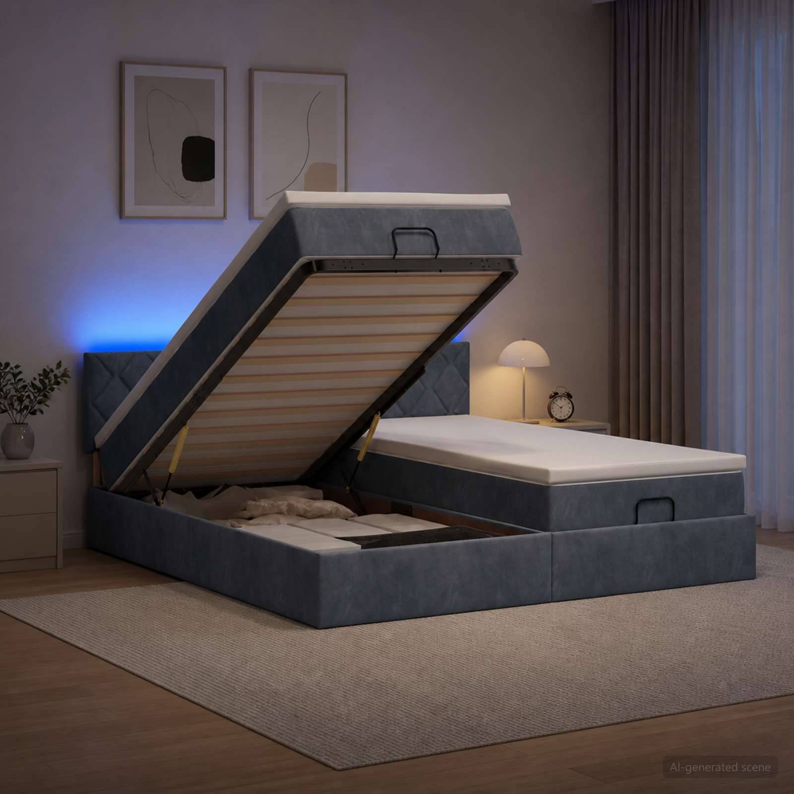 Lift-up-Polsterbett mit einem hochgeklappten Matratzenfeld, das den Stauraum unter dem Bett in einem sanft beleuchteten Schlafzimmer offenbart.