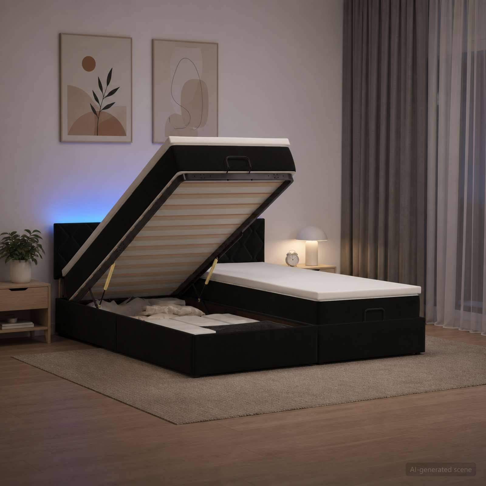 Modernes Schlafzimmer mit einem Speicherbett, das geöffnet ist und die Matratzenunterlage und das Unterbereich-Fach zeigt, neben einer Nachttischlampe und Wandkunst.