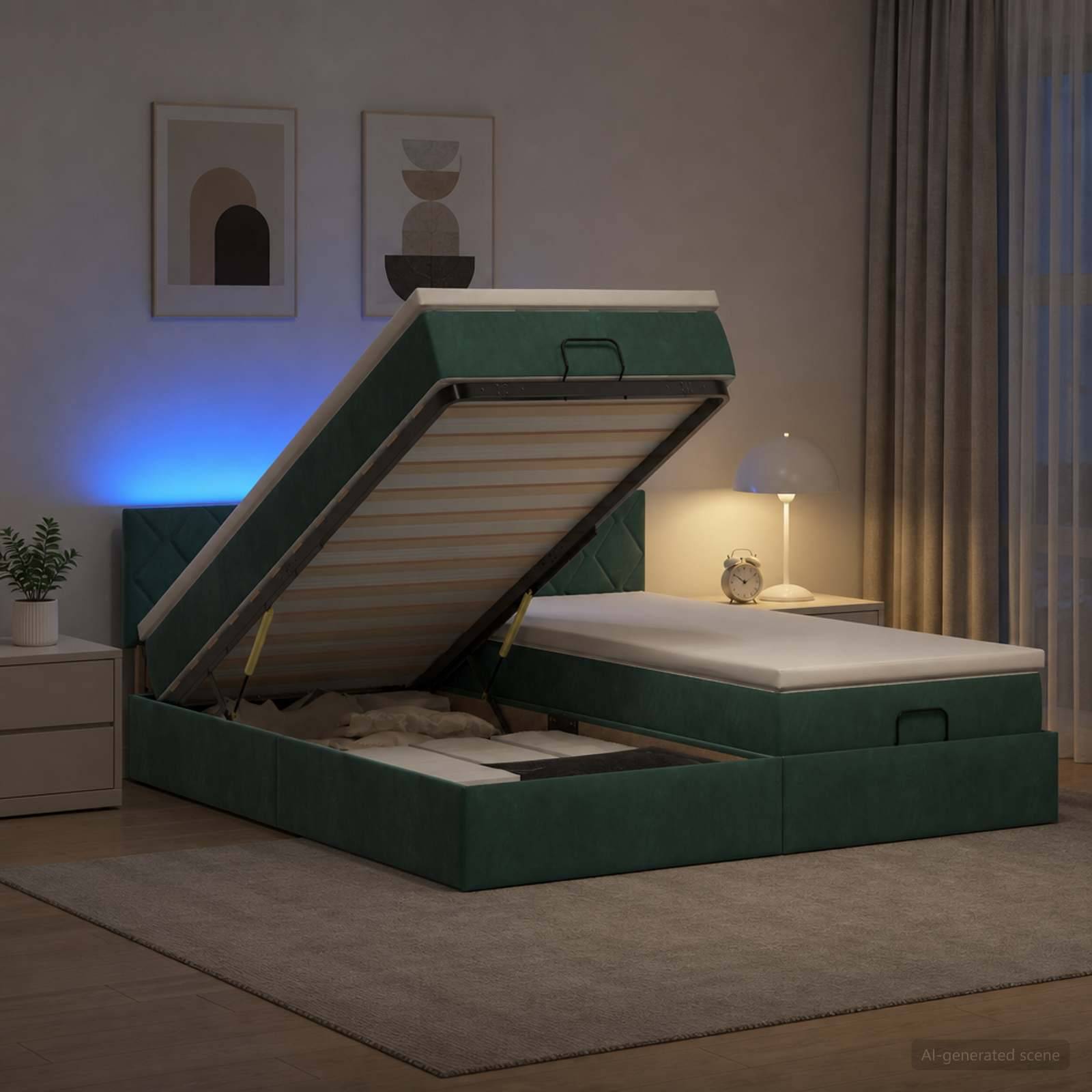 Grünes, gepolstertes Bett mit Hubmechanismus und geöffnetem Stauraum, gezeigt in einem modernen Schlafzimmer mit Nachttischlampe und Wandkunst.