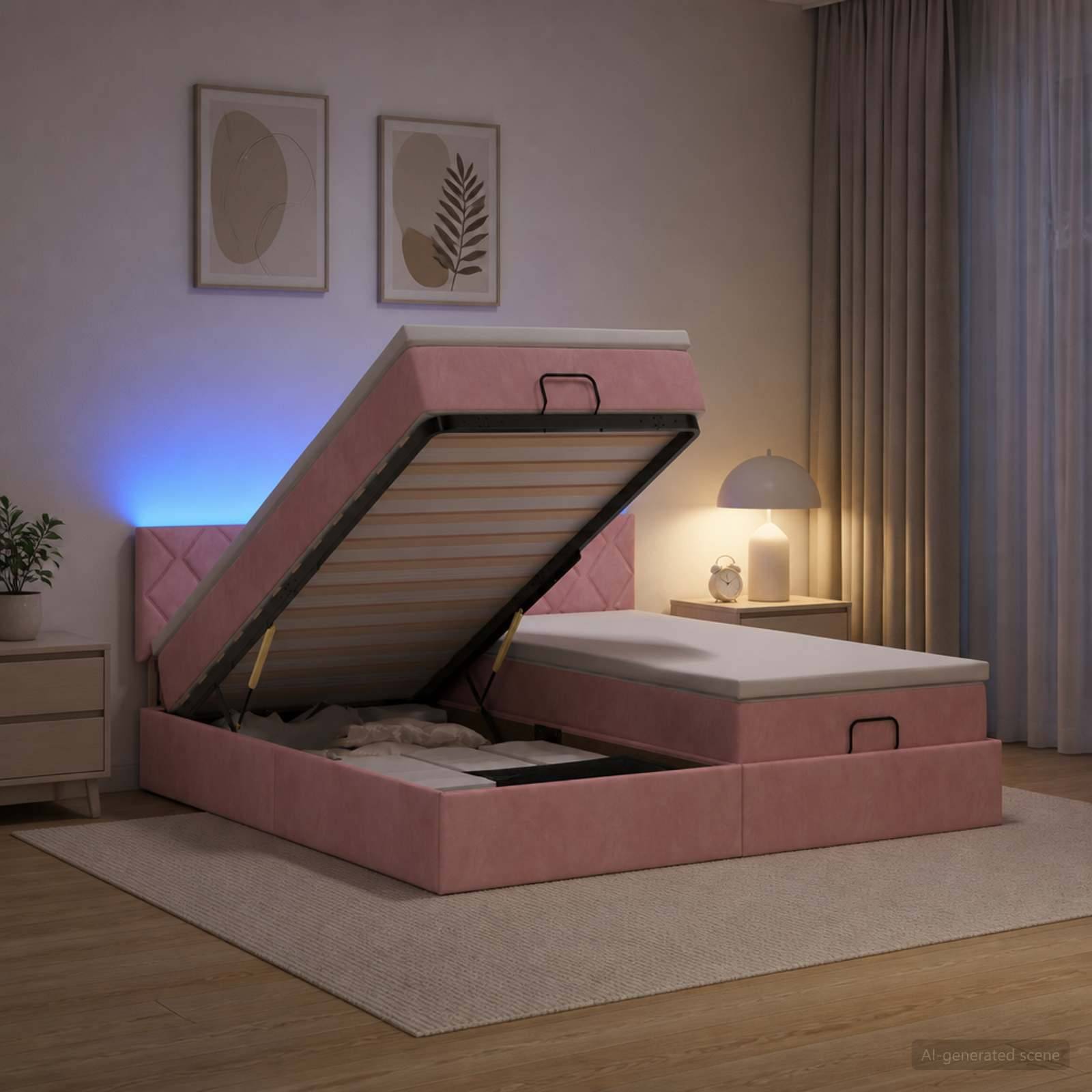 Rosa gepolstertes Ottomanenbett mit angehobenem Bett auf einer Aufbewahrungsbasis in einem sanft beleuchteten Schlafzimmer.