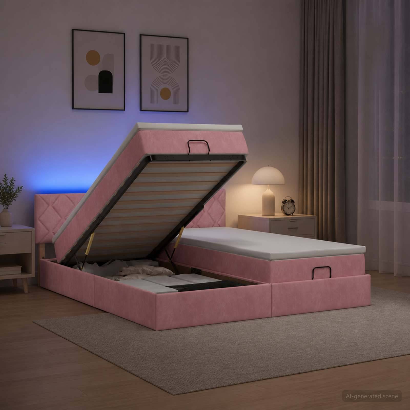 Rosa gepolstertes Bett mit Stauraum und angehobener Matratze, um das Unterbett-Fach zu zeigen, in einem modernen Schlafzimmer mit Nachttischen, Lampe und Wandkunst.
