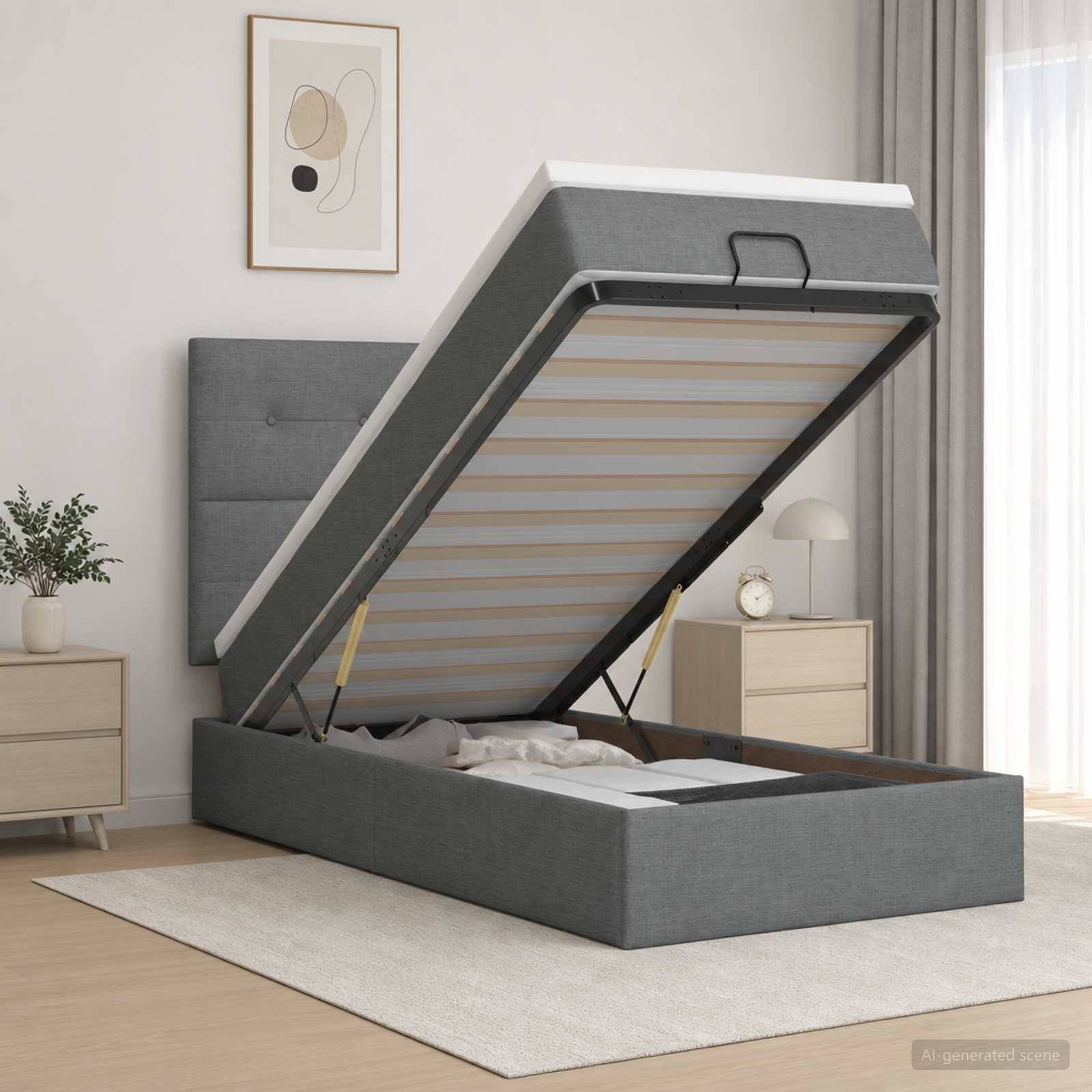 Grauer gepolsterter Ottomane mit Stauraum, aufgeklappt und zeigt die Matratzenunterlage in einem modernen Schlafzimmer.