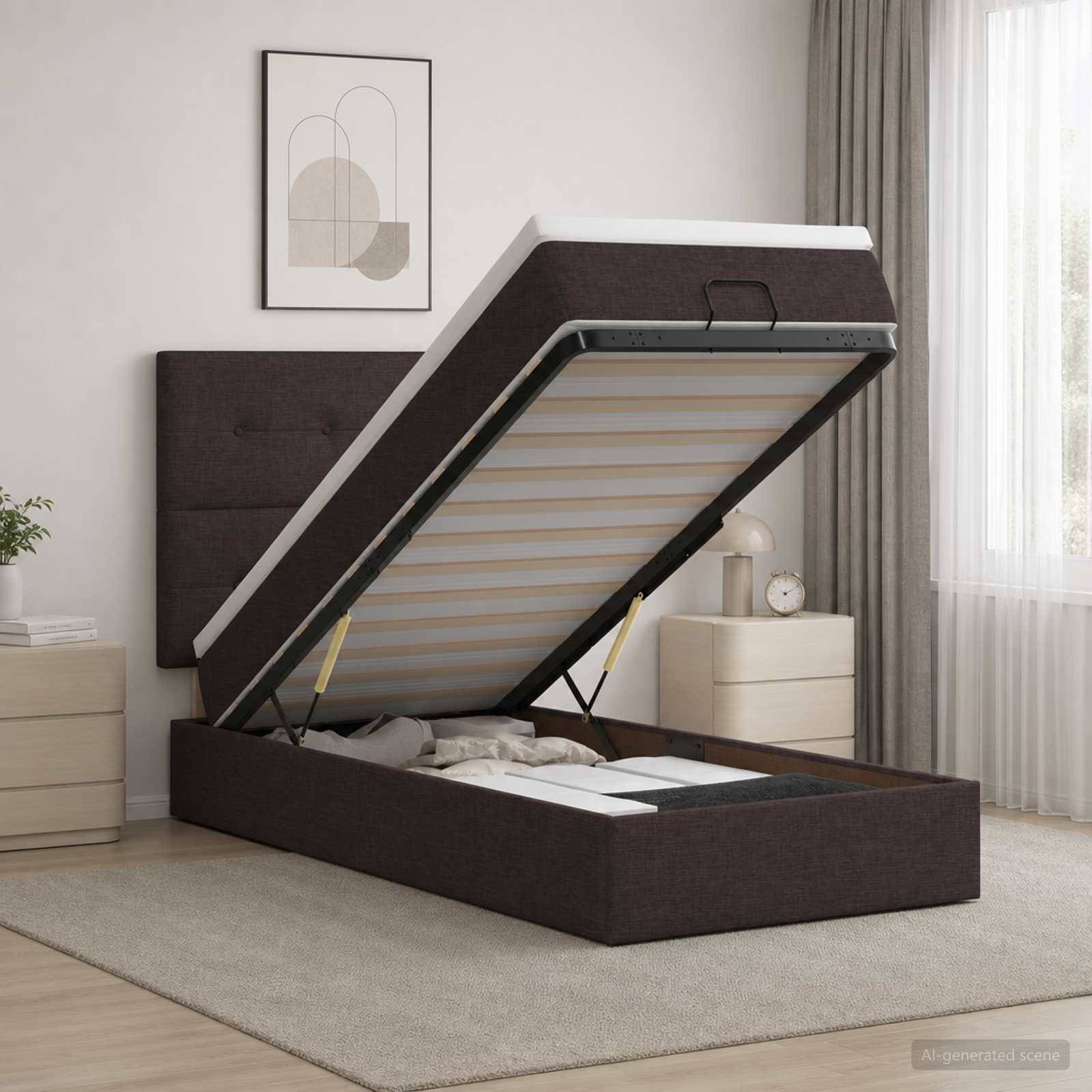 Schlafzimmer mit einem dunkel gepolsterten Stauraumbett mit Hubmechanismus, das offen steht und die Lattenroste und das Lagerungskompartiment zeigt.