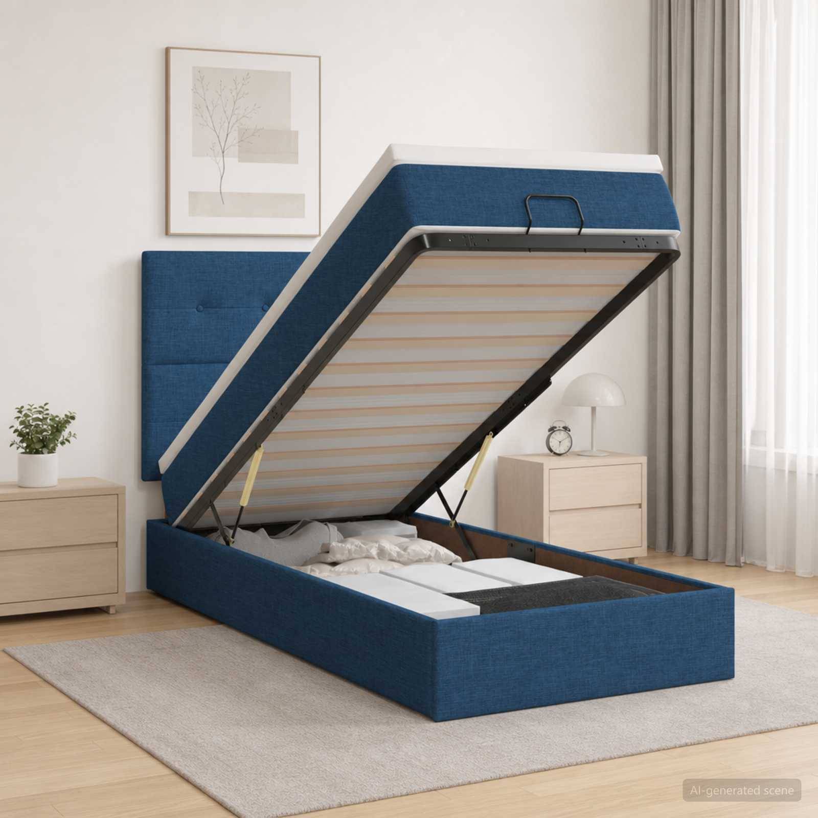 Blaues Polsterbett mit Hydraulikrahmen, dessen Matratze nach oben geklappt ist, wodurch der darunter liegende Stauraum in einem hellen Schlafzimmer sichtbar wird.