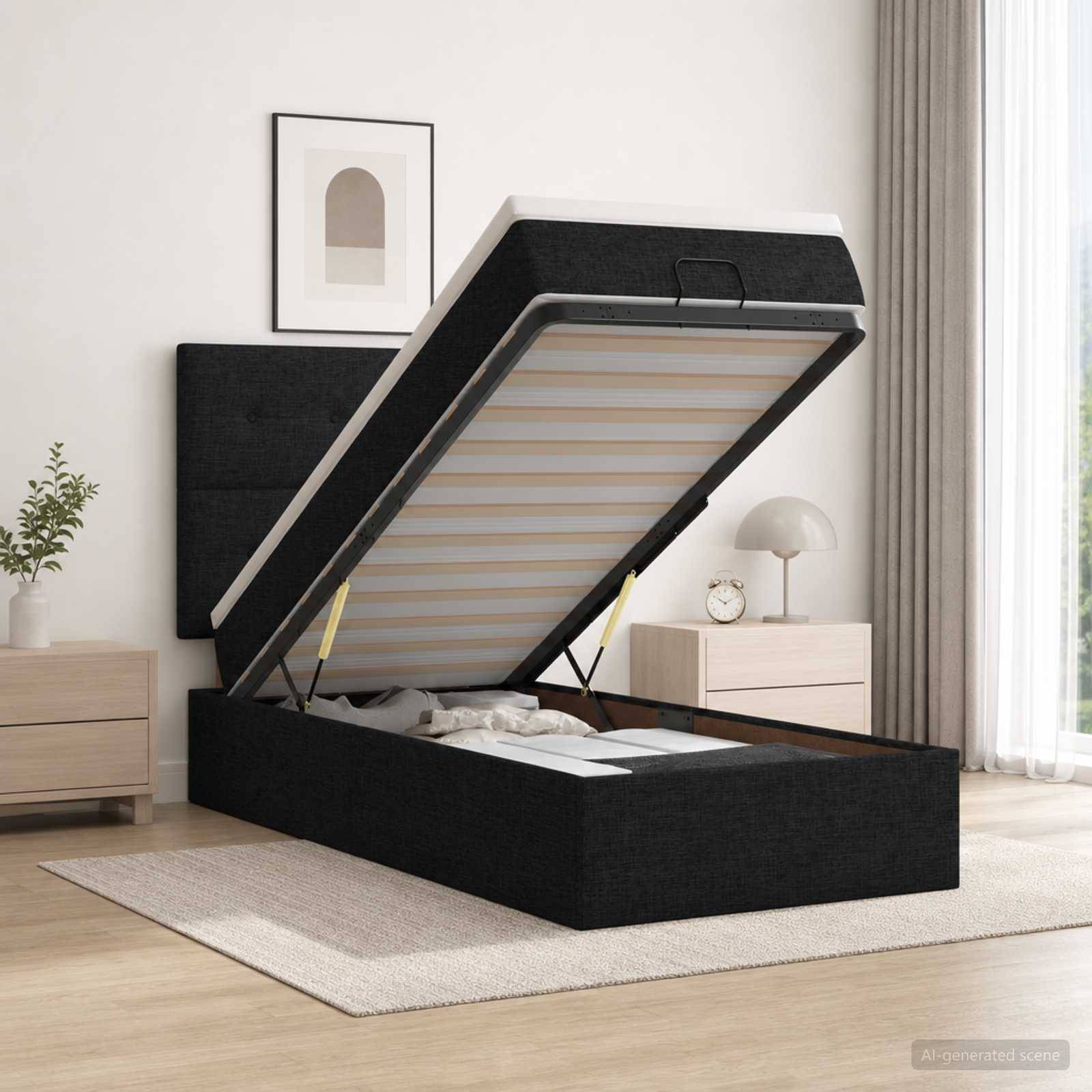 Schwarzes gepolstertes Bett mit Hebespeicherbasis, die angehoben ist, um die Matratzenunterstützung freizulegen, gezeigt in einem hellen modernen Schlafzimmer mit Nachttischen und Lampe.