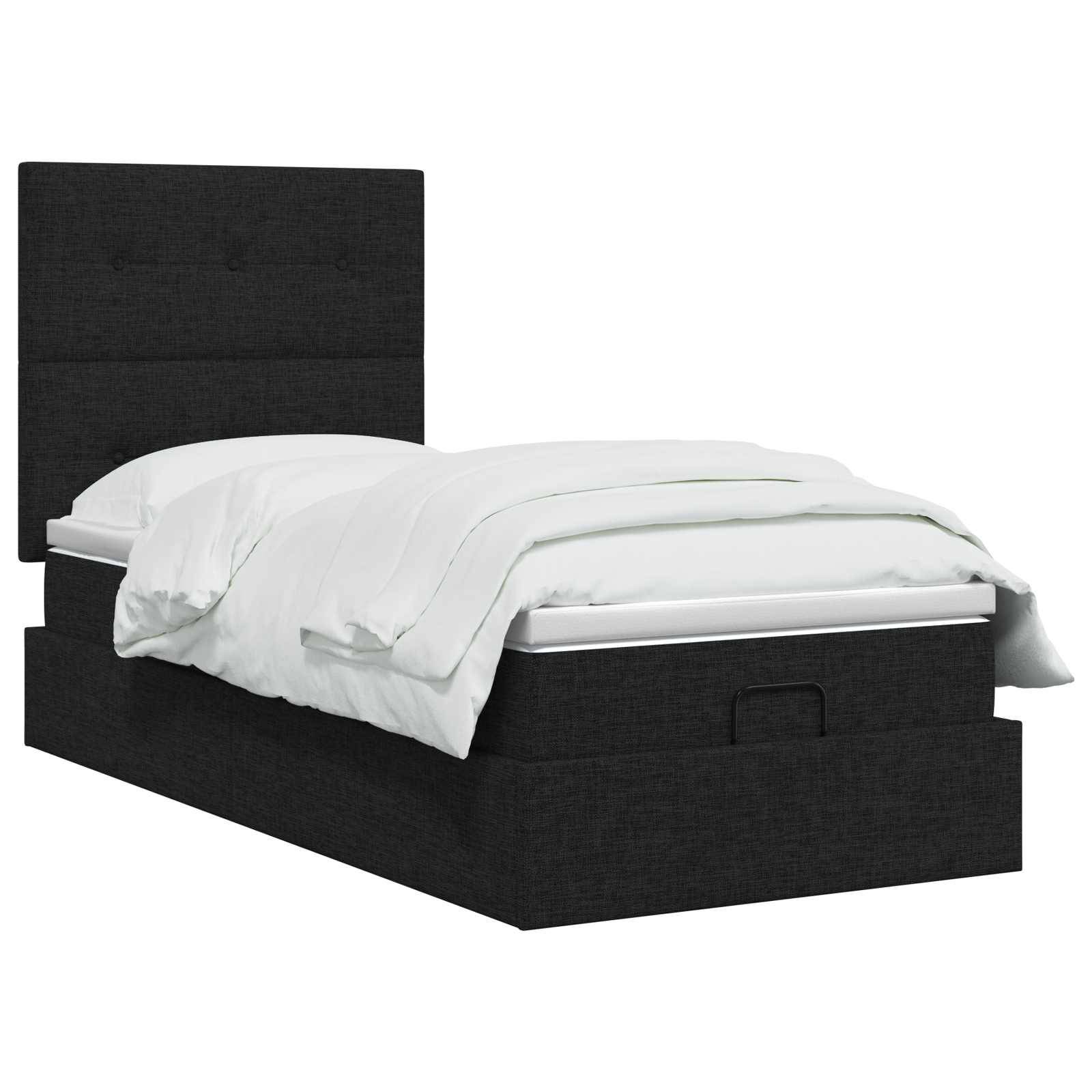 Schwarzes gepolstertes Bett mit hohem Kopfteil und weißer Bettwäsche auf weißem Hintergrund.