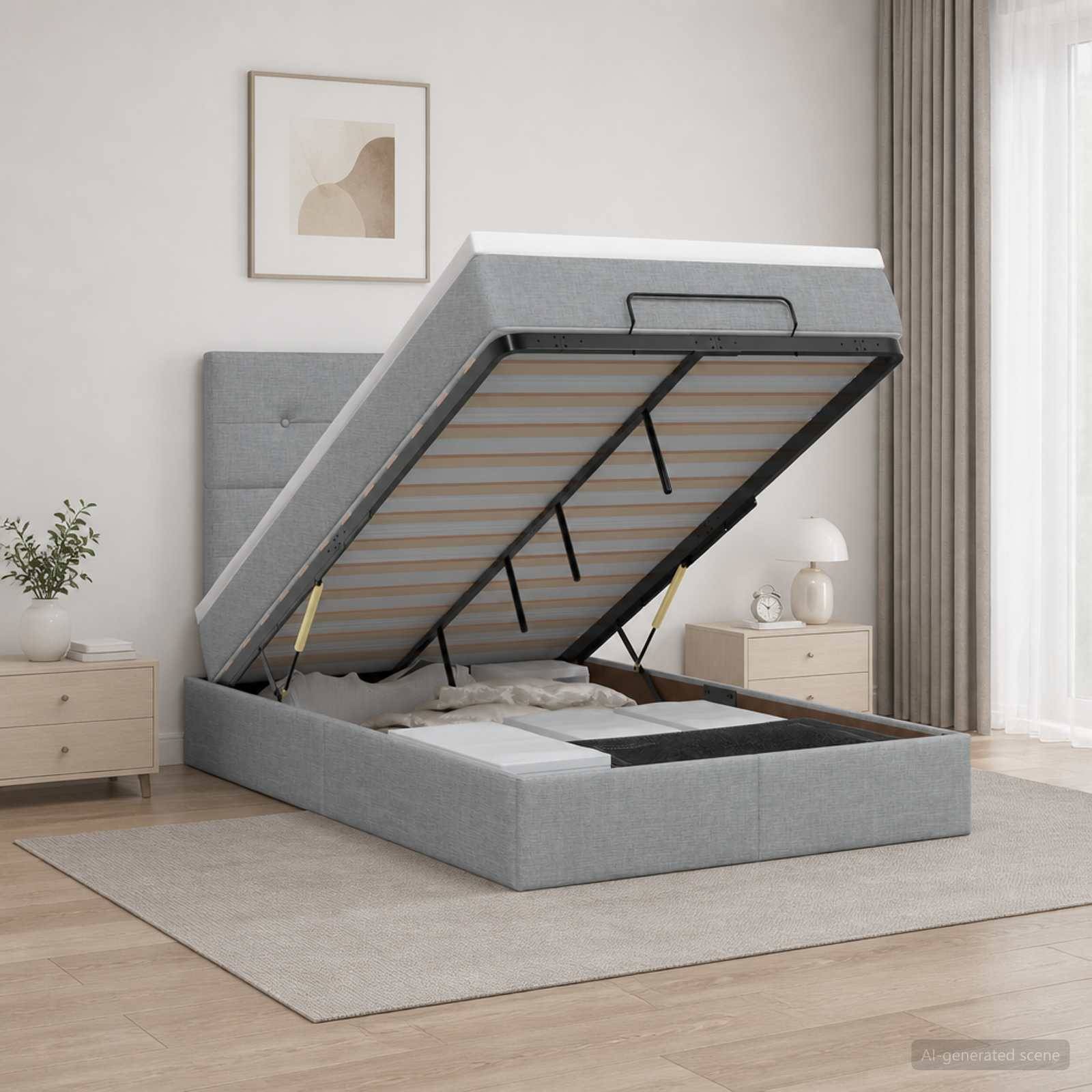 Grau gepolstertes Speicherbett mit angehobener Matratze, die den Stauraum unter dem Bett in einem hellen Schlafzimmer zeigt.