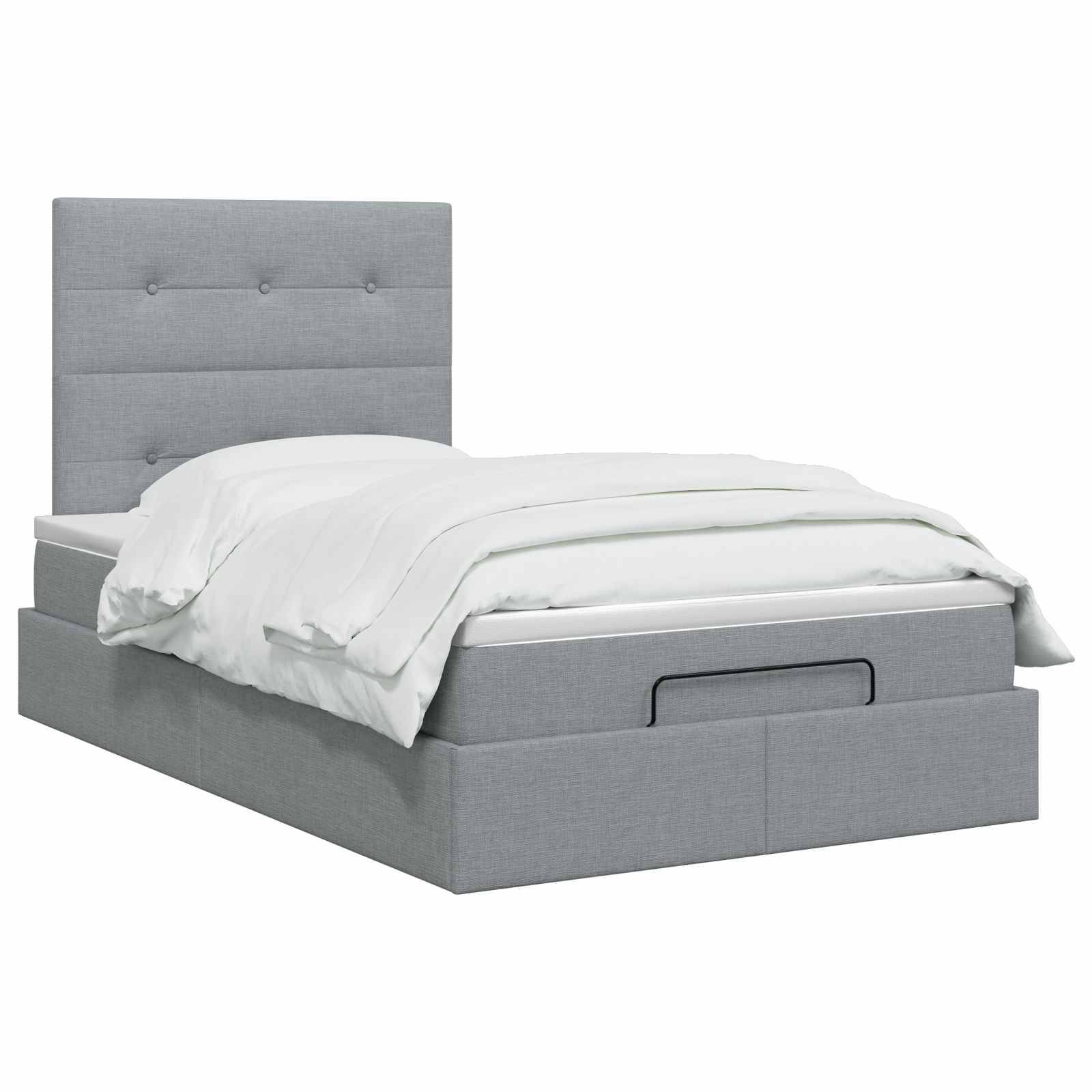 Grau gepolstertes Bett mit hohem gestepptem Kopfteil und weißer Bettwäsche auf einer Plattformbasis, gezeigt auf weißem Hintergrund.