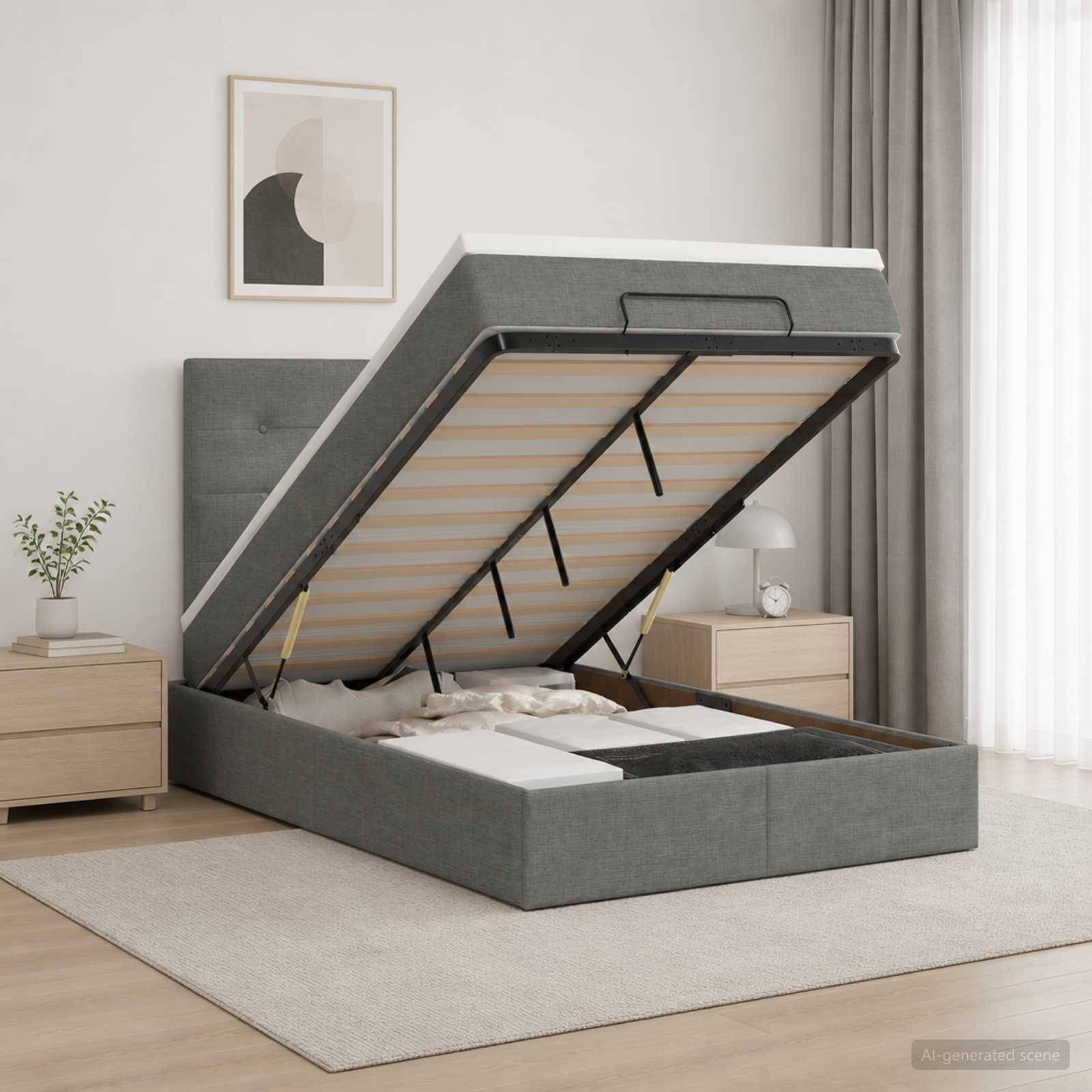 Grau gepolstertes Bett mit Stauraum und einer Matratze, die auf einem hydraulischen Rahmen angehoben wird und den Stauraum unter dem Bett in einem modernen Schlafzimmer zeigt.