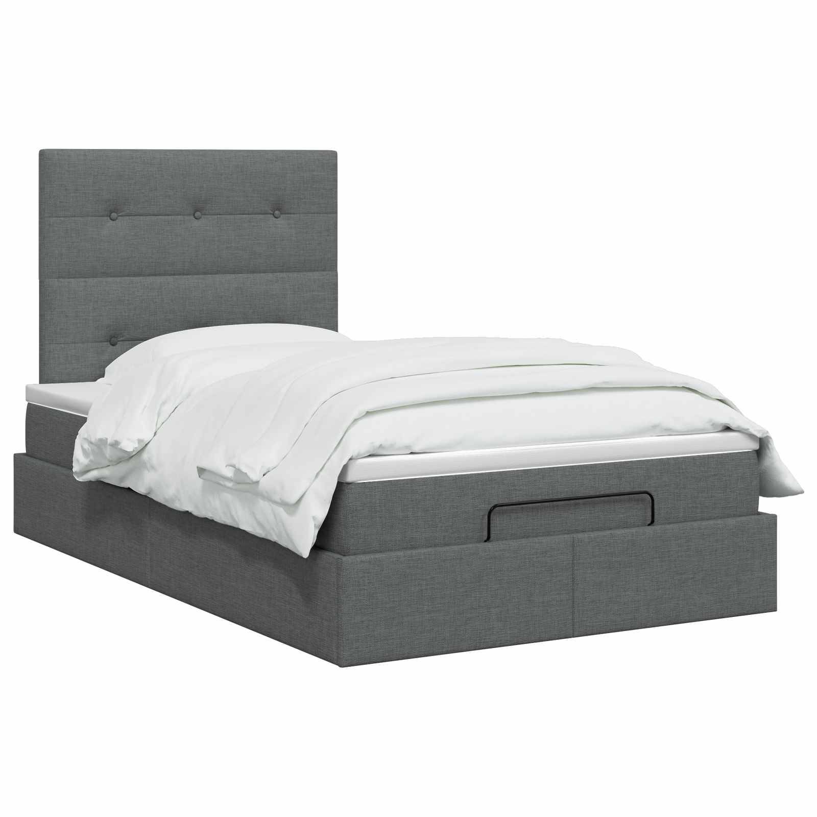 Grau gepolstertes Bett mit gestepptem Kopfteil und weißer Bettwäsche auf weißem Hintergrund.