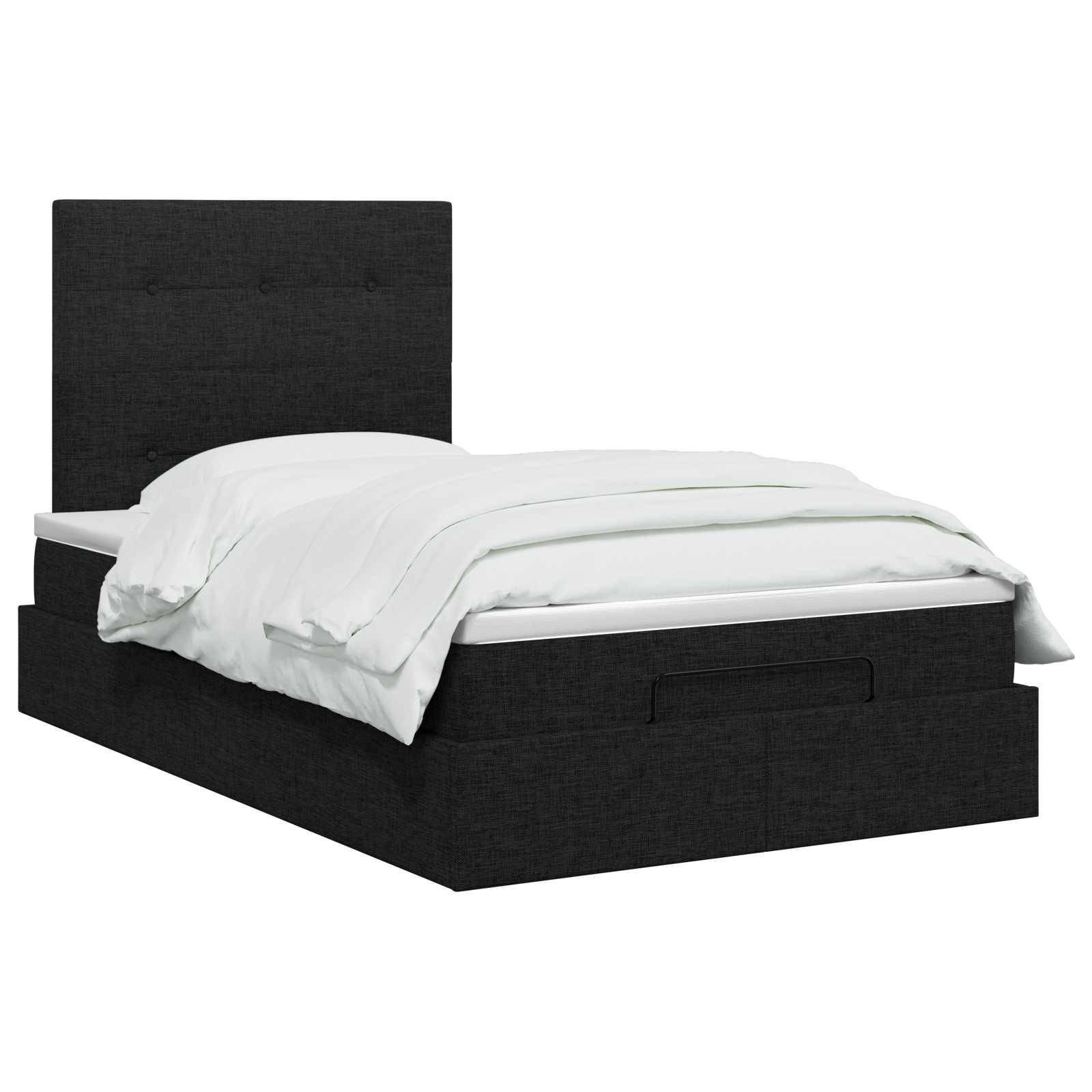 Schwarzes gepolstertes Plattformbett mit hohem Kopfteil und weißer Bettwäsche auf einfachem weißem Hintergrund.