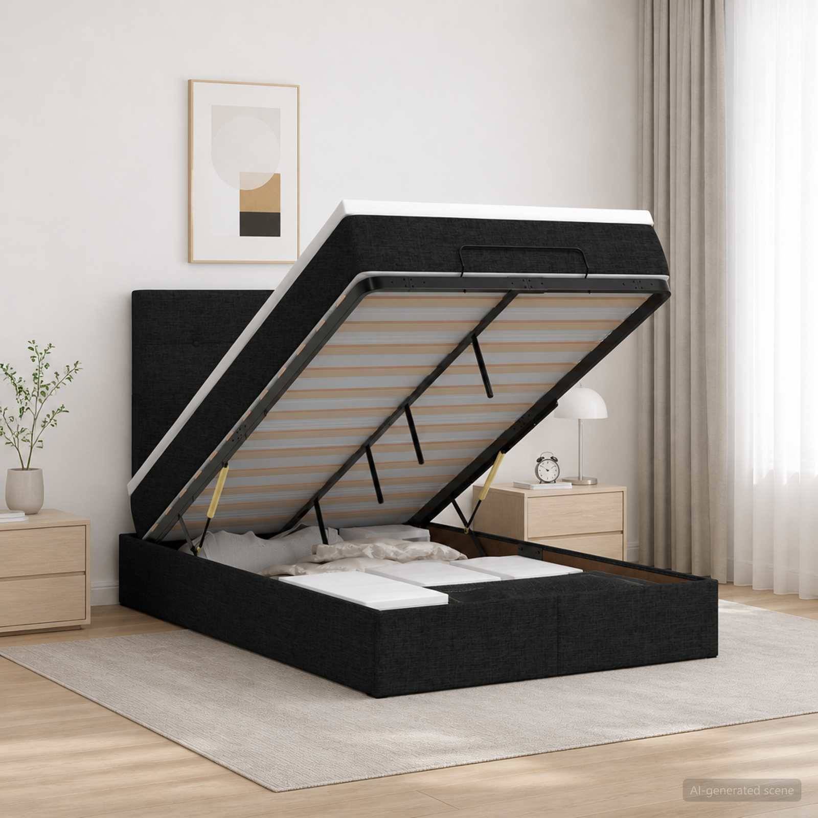 Schwarzes Polsterbett mit aufgehobener Matratze, das das Innenfach in einem hellen, modernen Schlafzimmer offenbart.