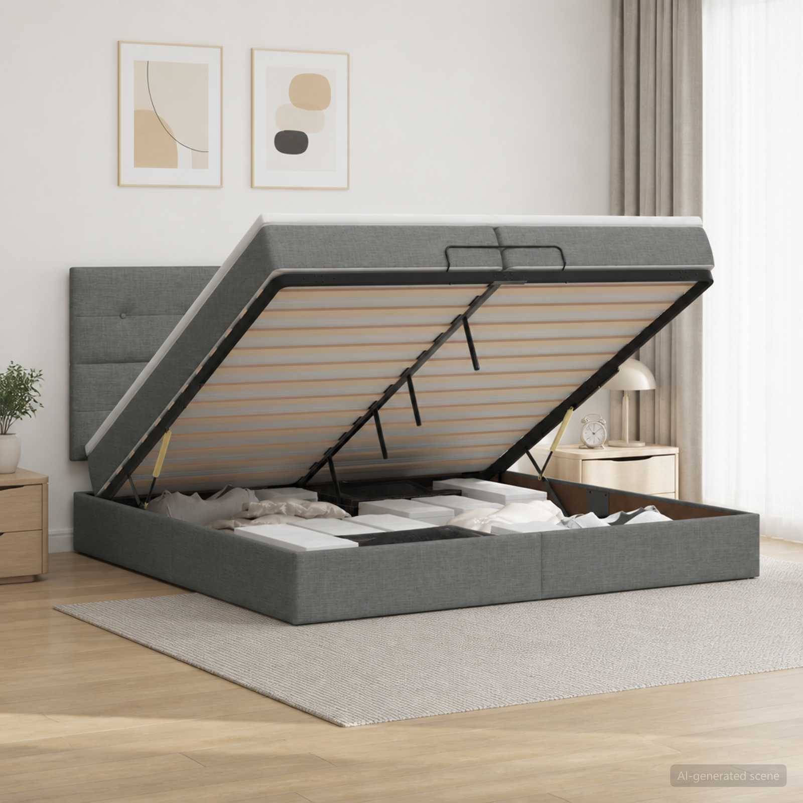 Grau gepolstertes Hydraulikbett mit hochgehobenem Lattenrost, das die Sperrholzbasis in einem hellen Schlafzimmer zeigt.