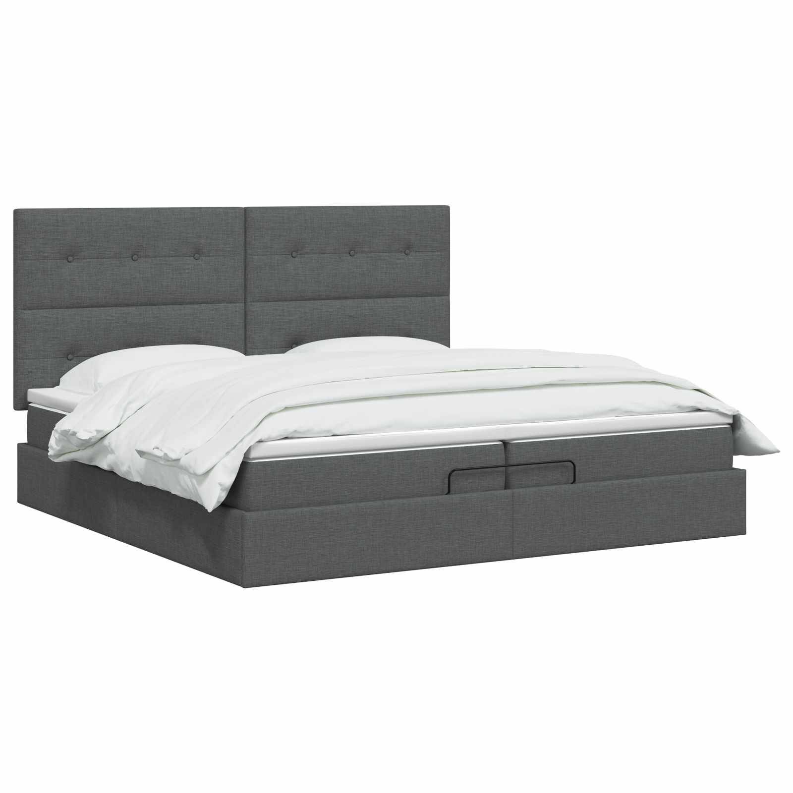 Graupolsteriertes Bett mit gestepptem Kopfteil und weißer Bettwäsche auf einem einfachen Hintergrund.